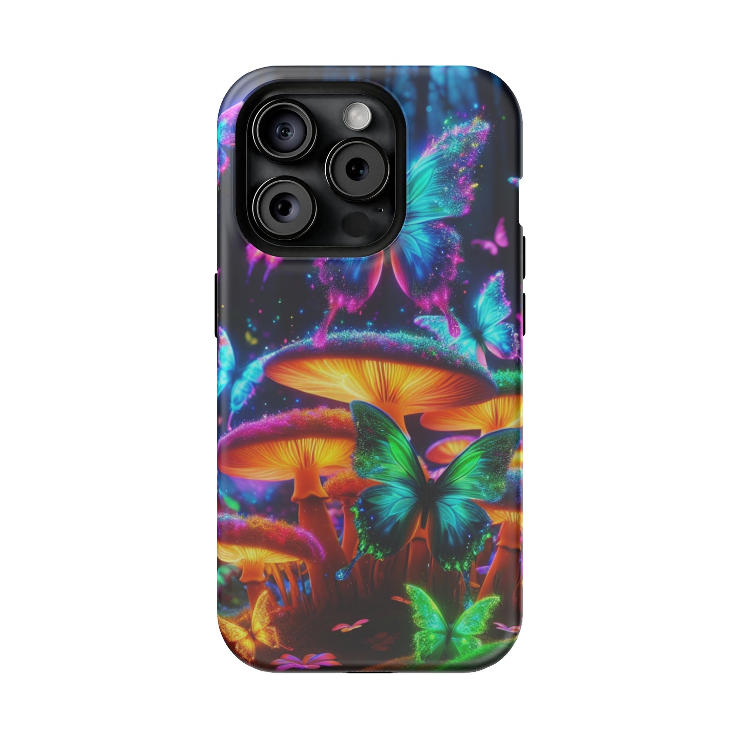 Neon Fantasia. Neon Butterflies and Mushrooms Premium Art Magsafe Magnet Tough IPhone 13 14 15 Pro Plus Max and Mini in Matte and Glossy Phone cases