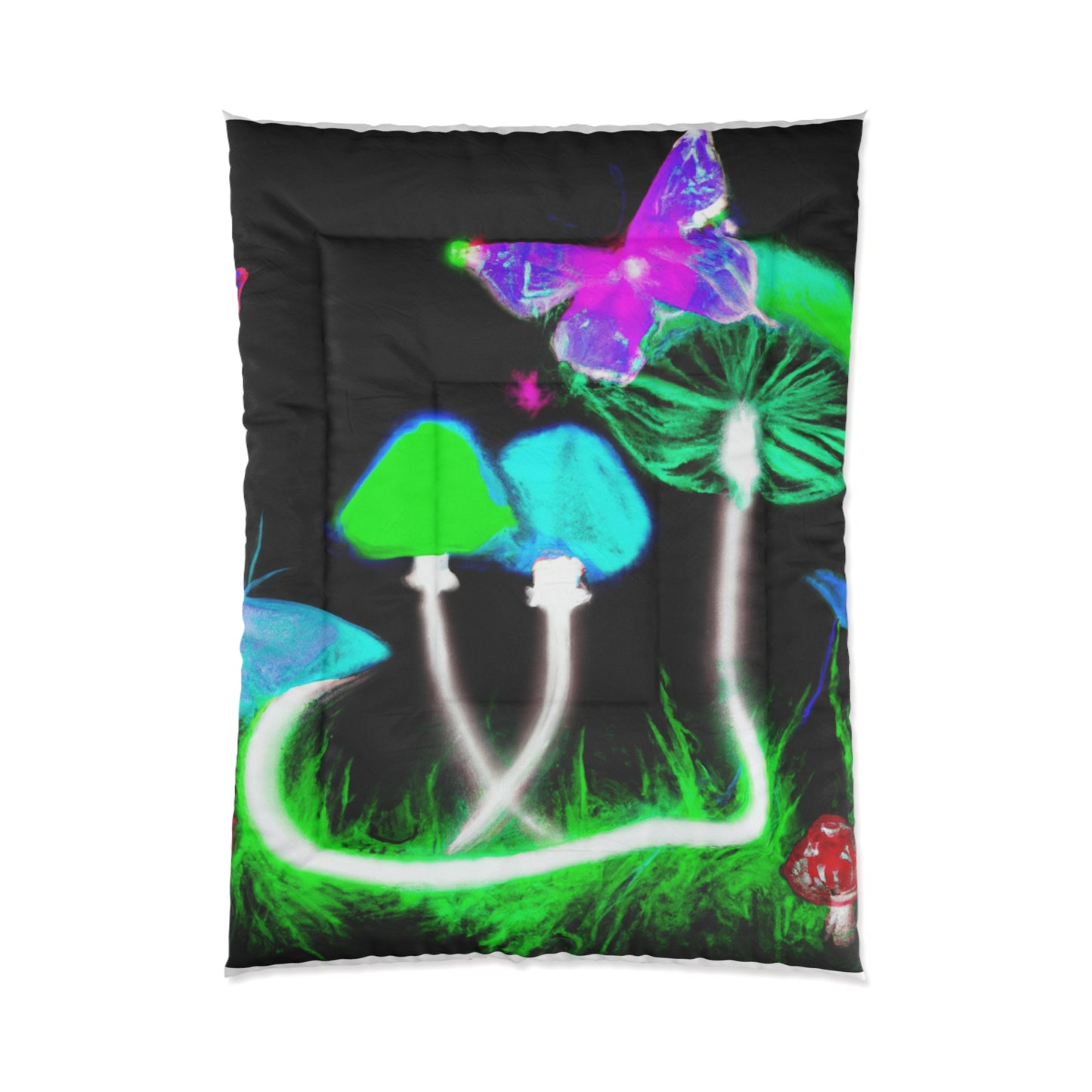 "Vibrant Neon Fantasy". Butterflies & Mushrooms Comforter Blanket