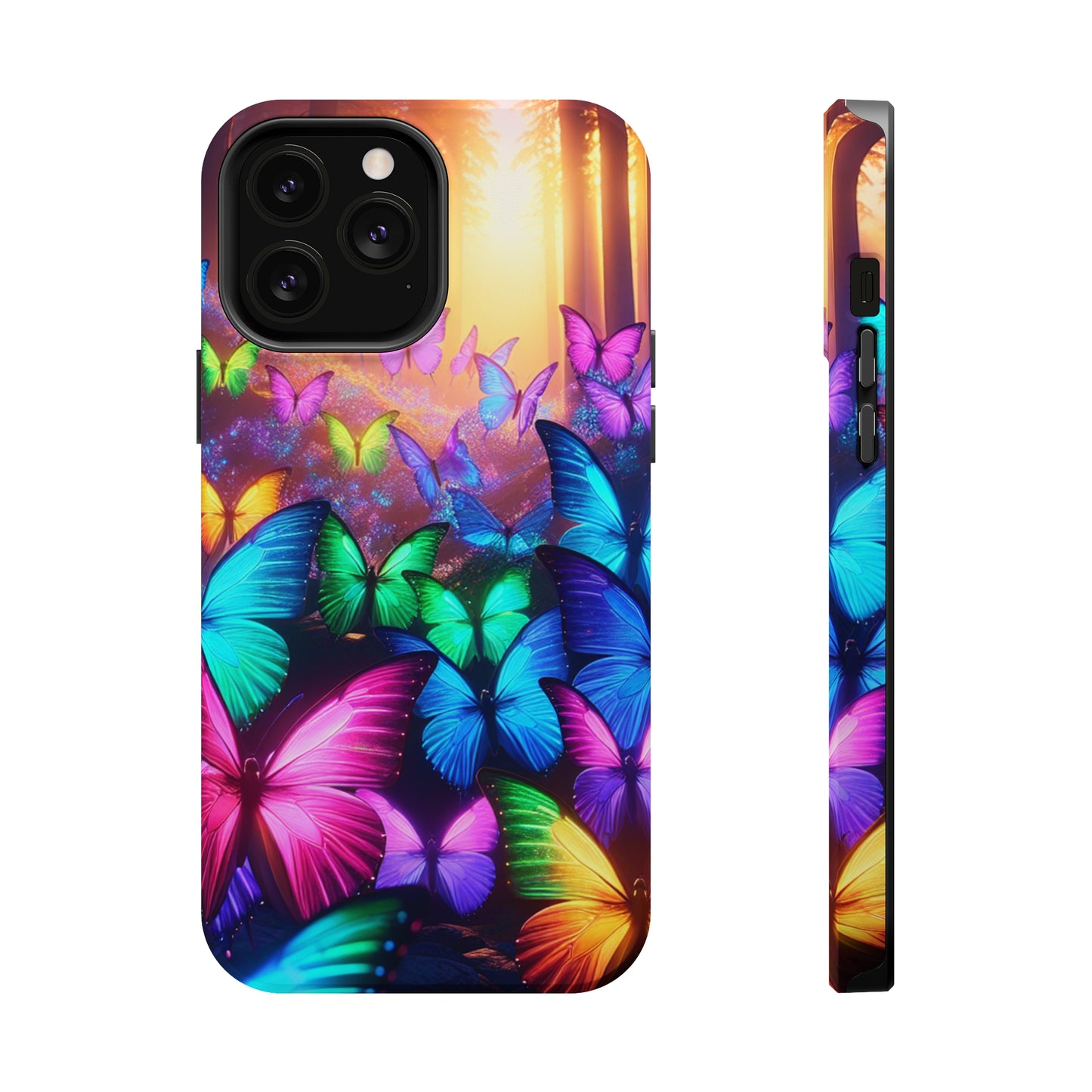 "Radiant Glowing Flight" Neon Butterflies Premium Art Magsafe Magnet Tough IPhone 13 14 15 Pro Plus Max and Mini in Matte and Glossy Phone cases