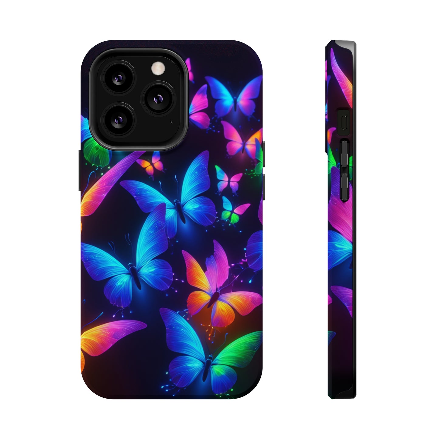 "Vibrant Neon Flutter" Neon Butterflies Premium Art Magsafe Magnet Tough IPhone 13 14 15 Pro Plus Max and Mini in Matte and Glossy Phone cases