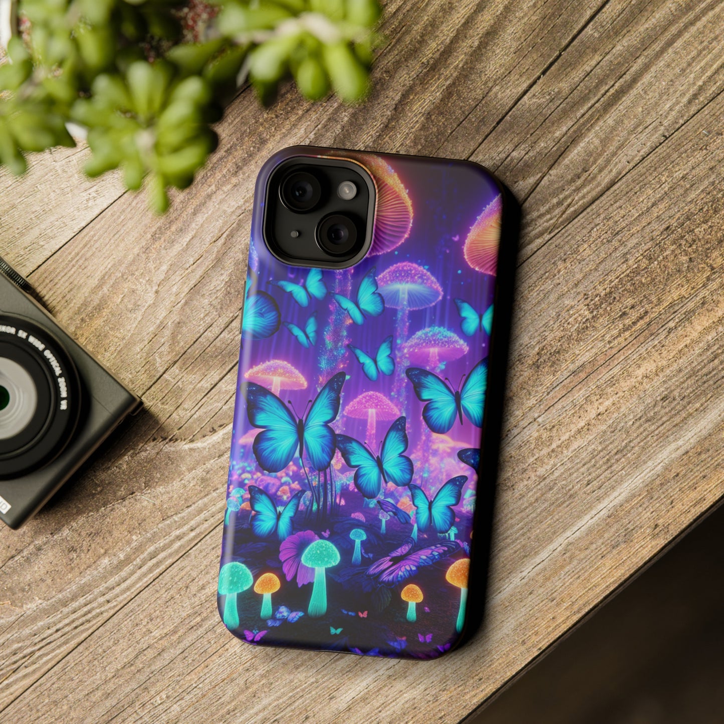 Neon Delight Landscape Neon Butterflies and Mushrooms Premium Art Magsafe Magnet Tough IPhone 13 14 15 Pro Plus Max and Mini in Matte and Glossy Phone cases