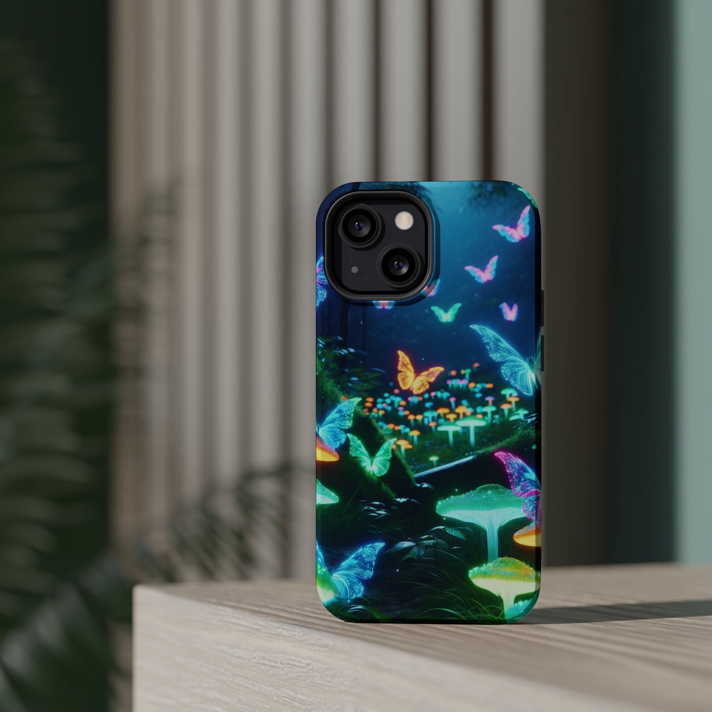 "Neon Meadow" Neon Butterflies and Mushrooms Premium Art Magsafe Magnet Tough IPhone 13 14 15 Pro Plus Max and Mini in Matte and Glossy Phone cases