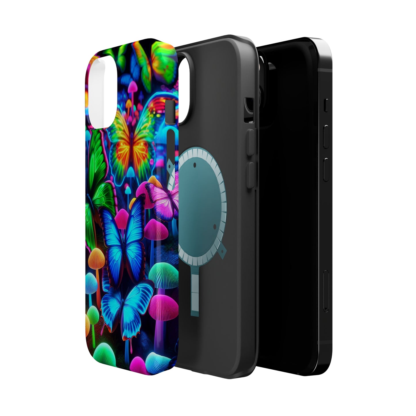 "Fantastic Fruition" Neon Butterflies and Mushrooms Premium Art Magsafe Magnet Tough IPhone 13 14 15 Pro Plus Max and Mini in Matte and Glossy Phone cases