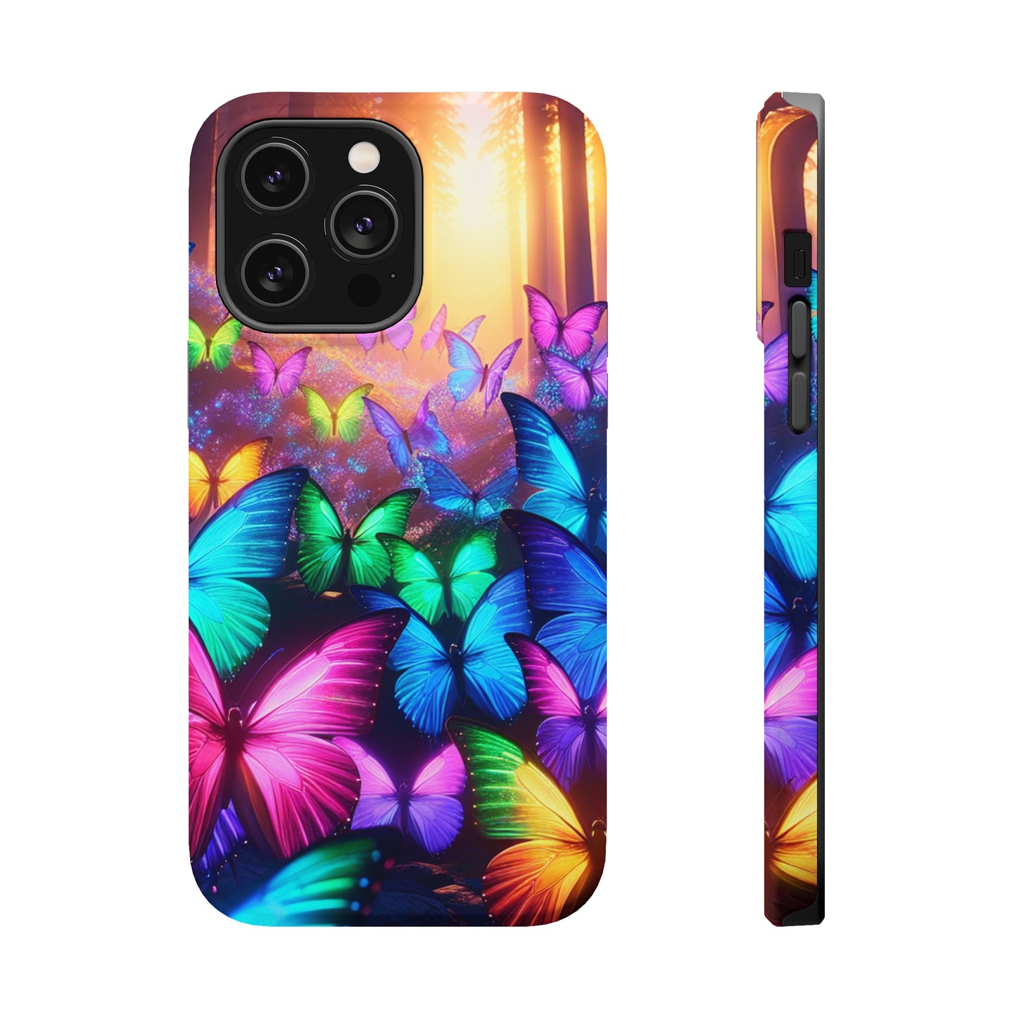 "Radiant Glowing Flight" Neon Butterflies Premium Art Magsafe Magnet Tough IPhone 13 14 15 Pro Plus Max and Mini in Matte and Glossy Phone cases