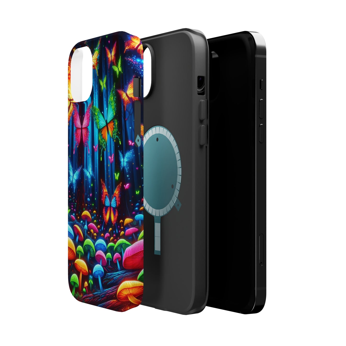 Neon Fantasia. Neon Butterflies and Mushrooms Premium Art Magsafe Magnet Tough IPhone 13 14 15 Pro Plus Max and Mini in Matte and Glossy Phone cases