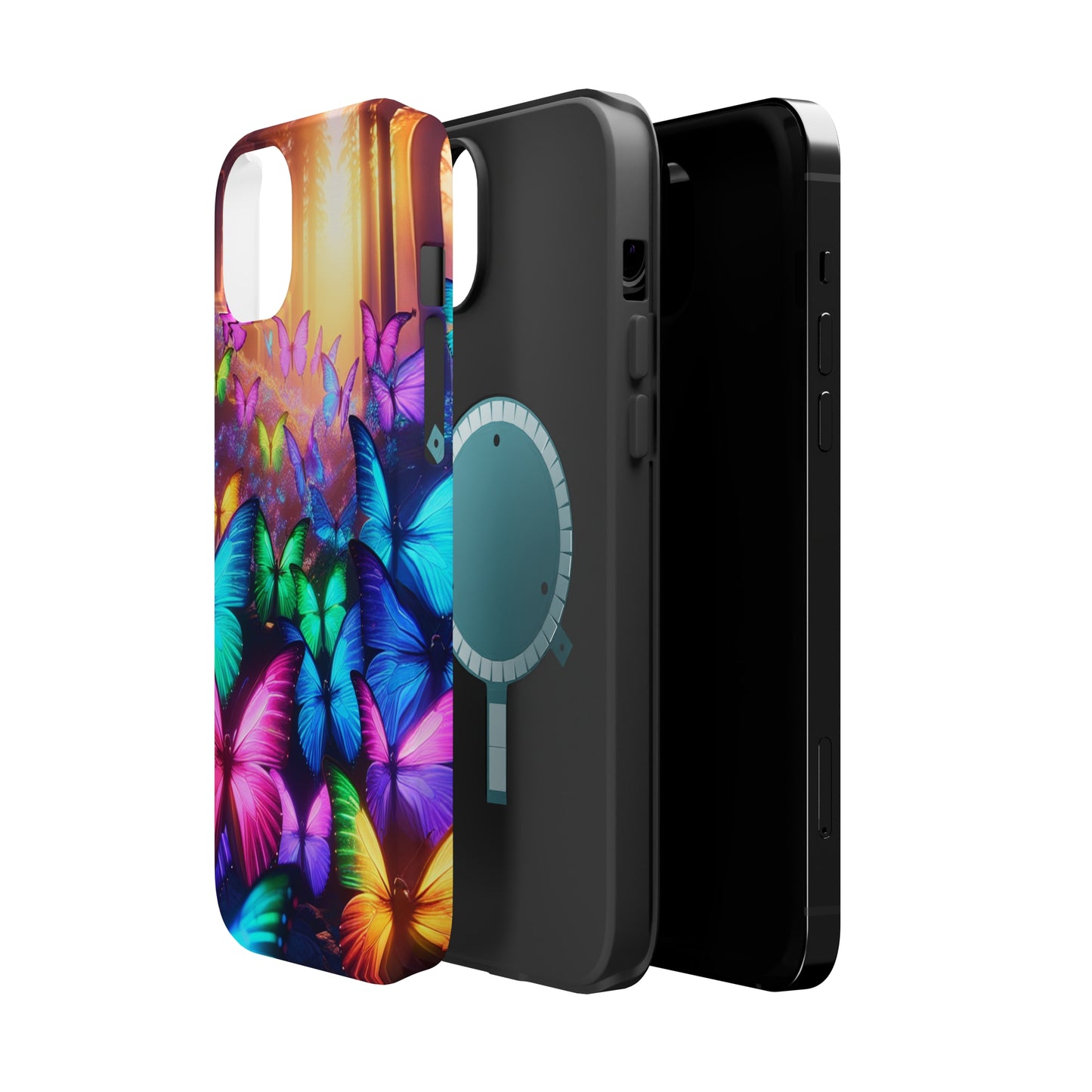 "Radiant Glowing Flight" Neon Butterflies Premium Art Magsafe Magnet Tough IPhone 13 14 15 Pro Plus Max and Mini in Matte and Glossy Phone cases