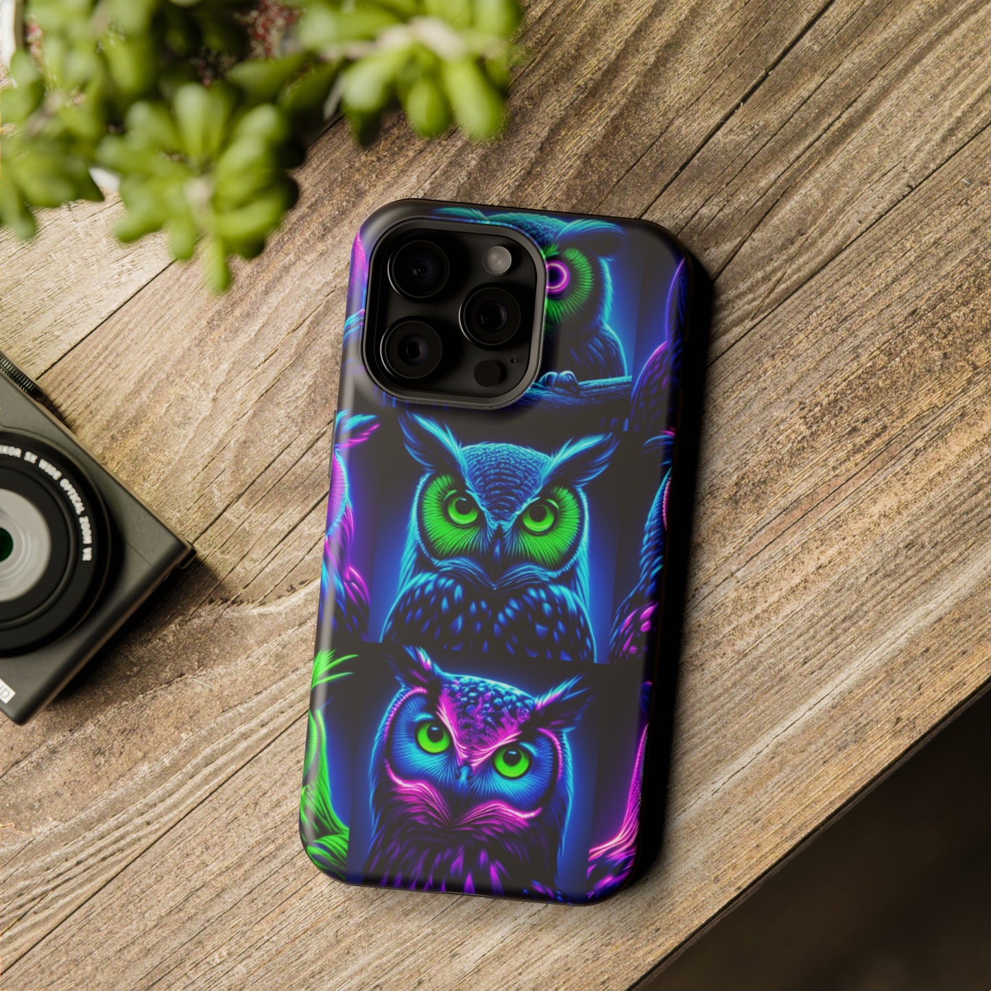"Neon Nocturne" Neon Owls Premium Art Magsafe Magnet Tough IPhone 13 14 15 Pro Plus Max and Mini in Matte and Glossy Phone cases