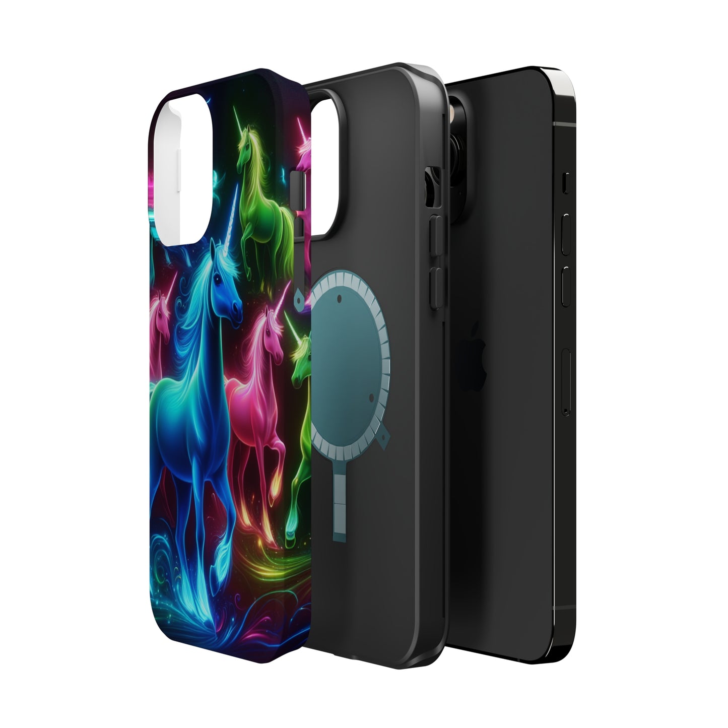 Neon Rainbow Herd. Neon Unicorns Premium Art Magsafe Magnet Tough IPhone 13 14 15 Pro Plus Max and Mini in Matte and Glossy Phone cases