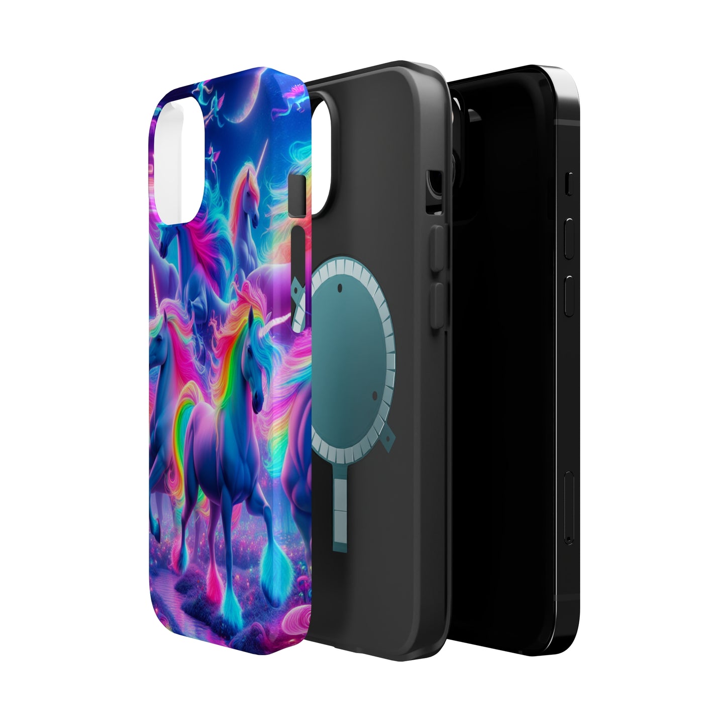 "Unicorn Prism" Neon Unicorns Premium Art Magsafe Magnet Tough IPhone 13 14 15 Pro Plus Max and Mini in Matte and Glossy Phone cases