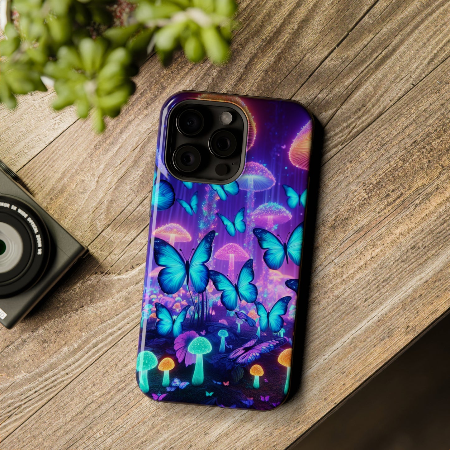 Neon Delight Landscape Neon Butterflies and Mushrooms Premium Art Magsafe Magnet Tough IPhone 13 14 15 Pro Plus Max and Mini in Matte and Glossy Phone cases