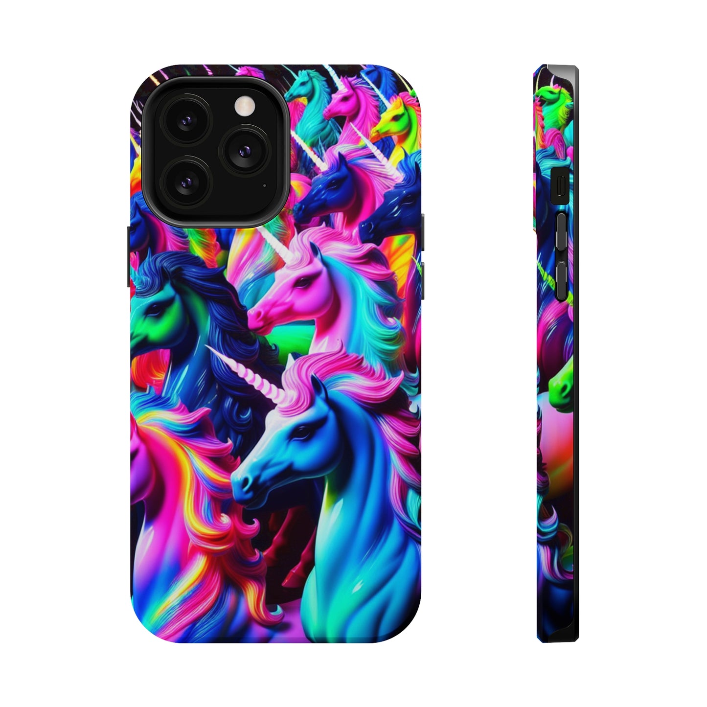 "Neon Illumination" Neon Unicorns Premium Art Magsafe Magnet Tough IPhone 13 14 15 Pro Plus Max and Mini in Matte and Glossy Phone cases