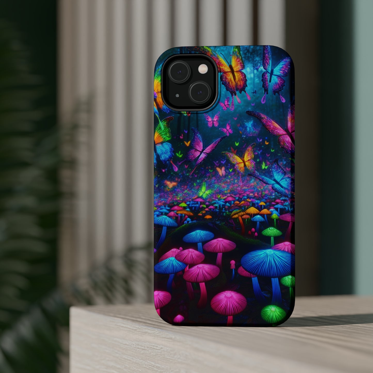 Neon Fruition Neon Butterflies and Mushrooms Premium Art Magsafe Magnet Tough IPhone 13 14 15 Pro Plus Max and Mini in Matte and Glossy Phone cases