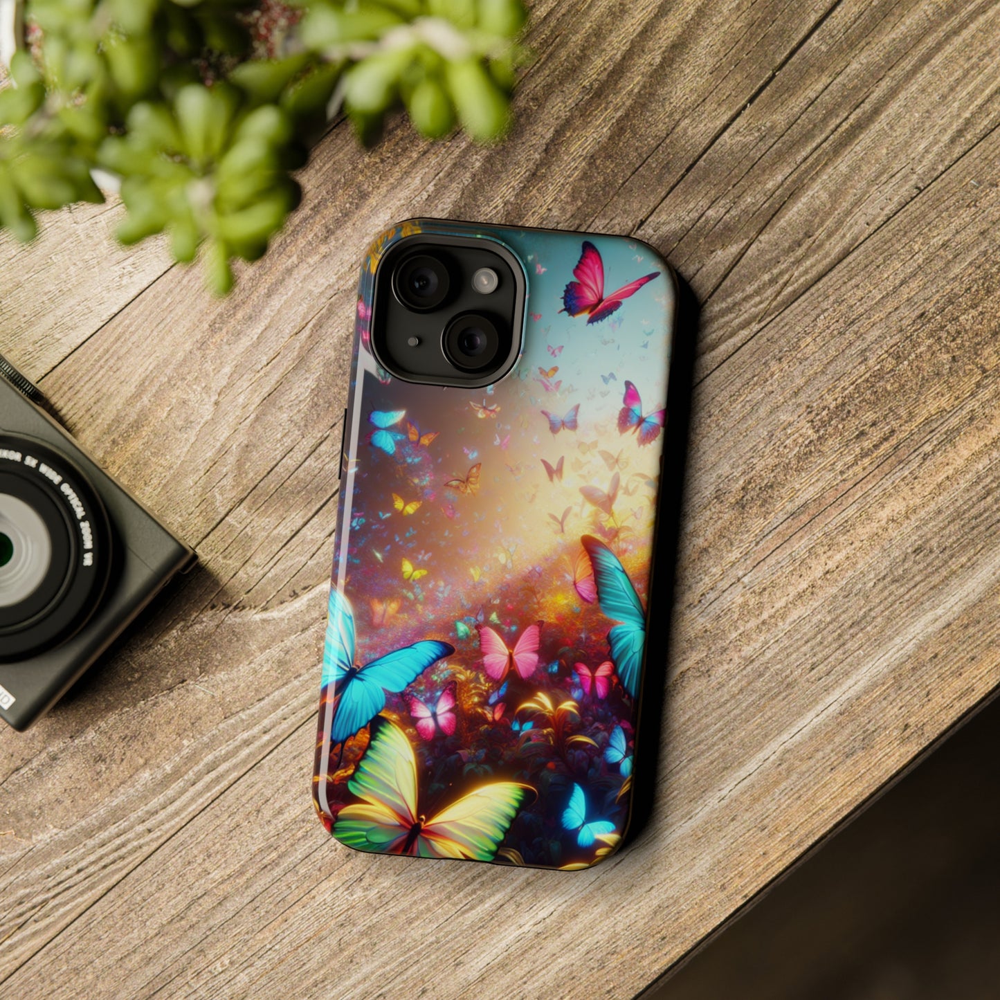 "Neon Butterfly Blooms" Neon Butterflies Premium Art Magsafe Magnet Tough IPhone 13 14 15 Pro Plus Max and Mini in Matte and Glossy Phone cases