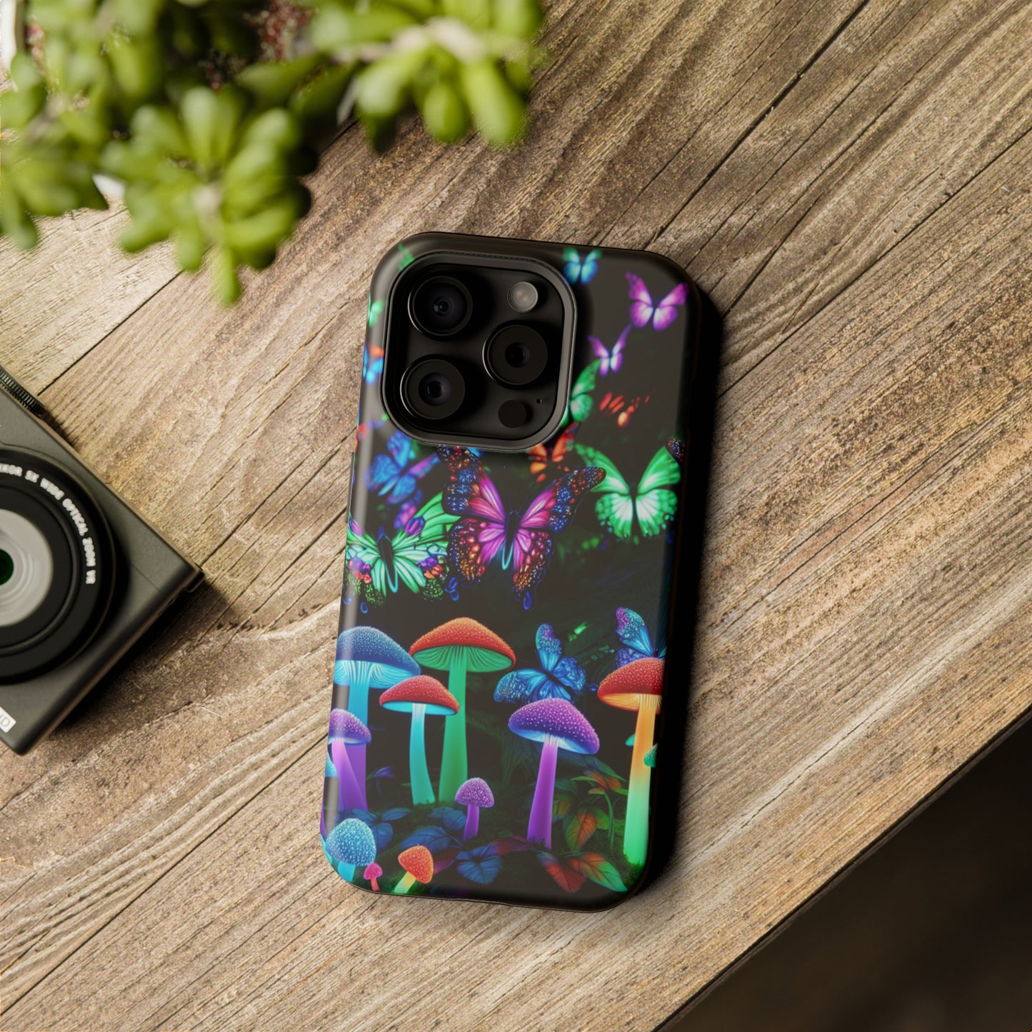 "Neon Burst Wonderland". Neon Butterflies and Mushrooms Premium Art Magsafe Magnet Tough IPhone 13 14 15 Pro Plus Max and Mini in Matte and Glossy Phone cases