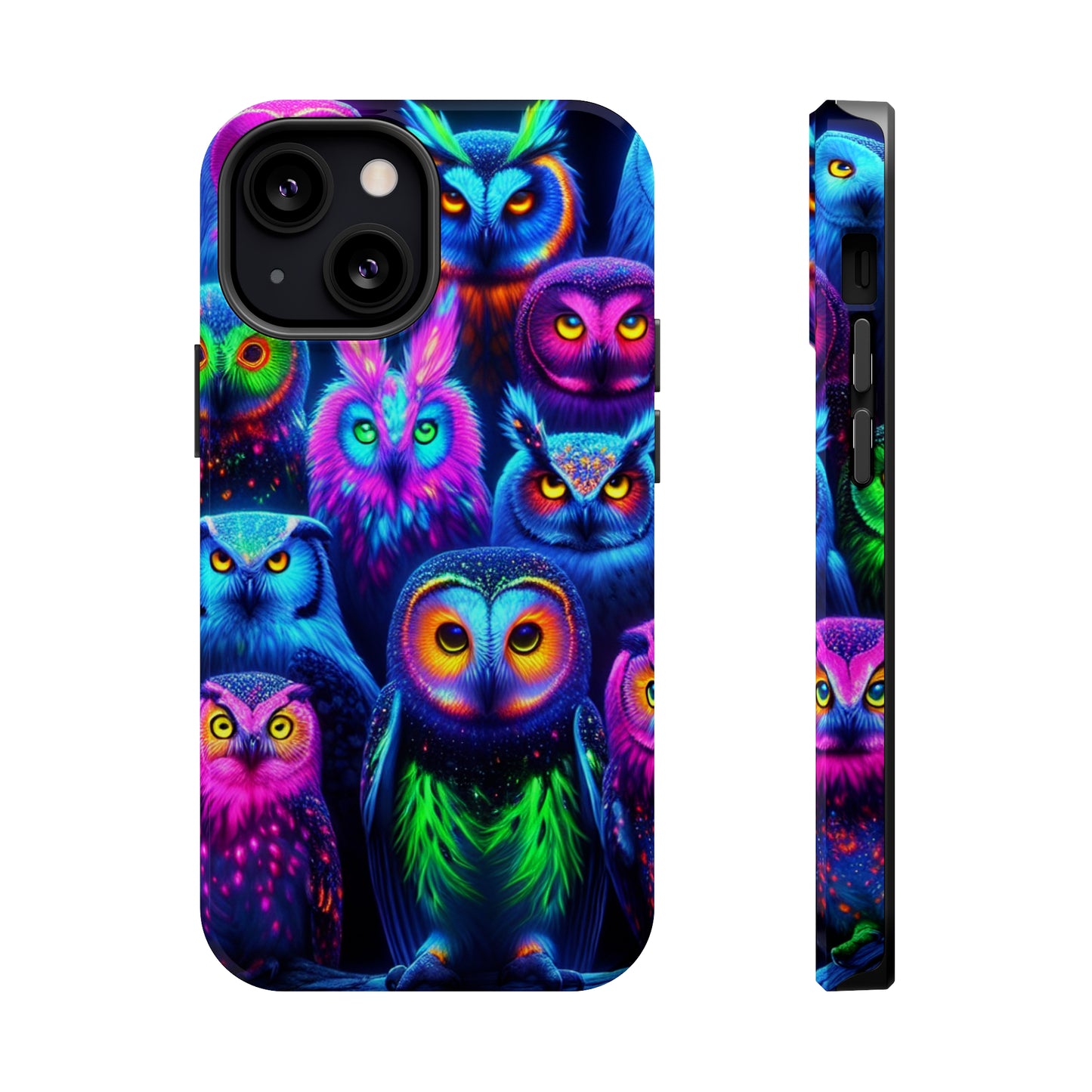 Neon Nocturnal Nook Neon Owls Premium Art Magsafe Magnet Tough IPhone 13 14 15 Pro Plus Max and Mini in Matte and Glossy Phone cases