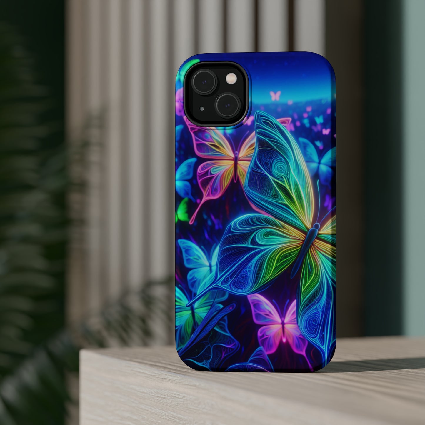 'Serene Spectacle of Neon Butterflies' Neon Butterflies Premium Art Magsafe Magnet Tough IPhone 13 14 15 Pro Plus Max and Mini in Matte and Glossy Phone cases