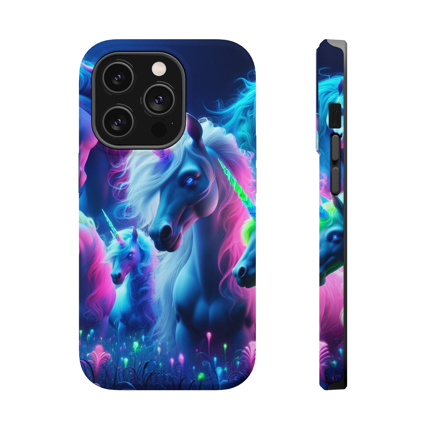 "Unicorn Flux-scape" Neon Unicorns Premium Art Magsafe Magnet Tough IPhone 13 14 15 Pro Plus Max and Mini in Matte and Glossy Phone cases