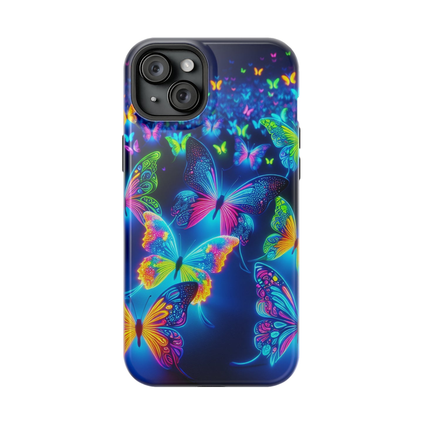 "Atmospheric Fluorescence" Neon Butterflies Premium Art Magsafe Magnet Tough IPhone 13 14 15 Pro Plus Max and Mini in Matte and Glossy Phone cases