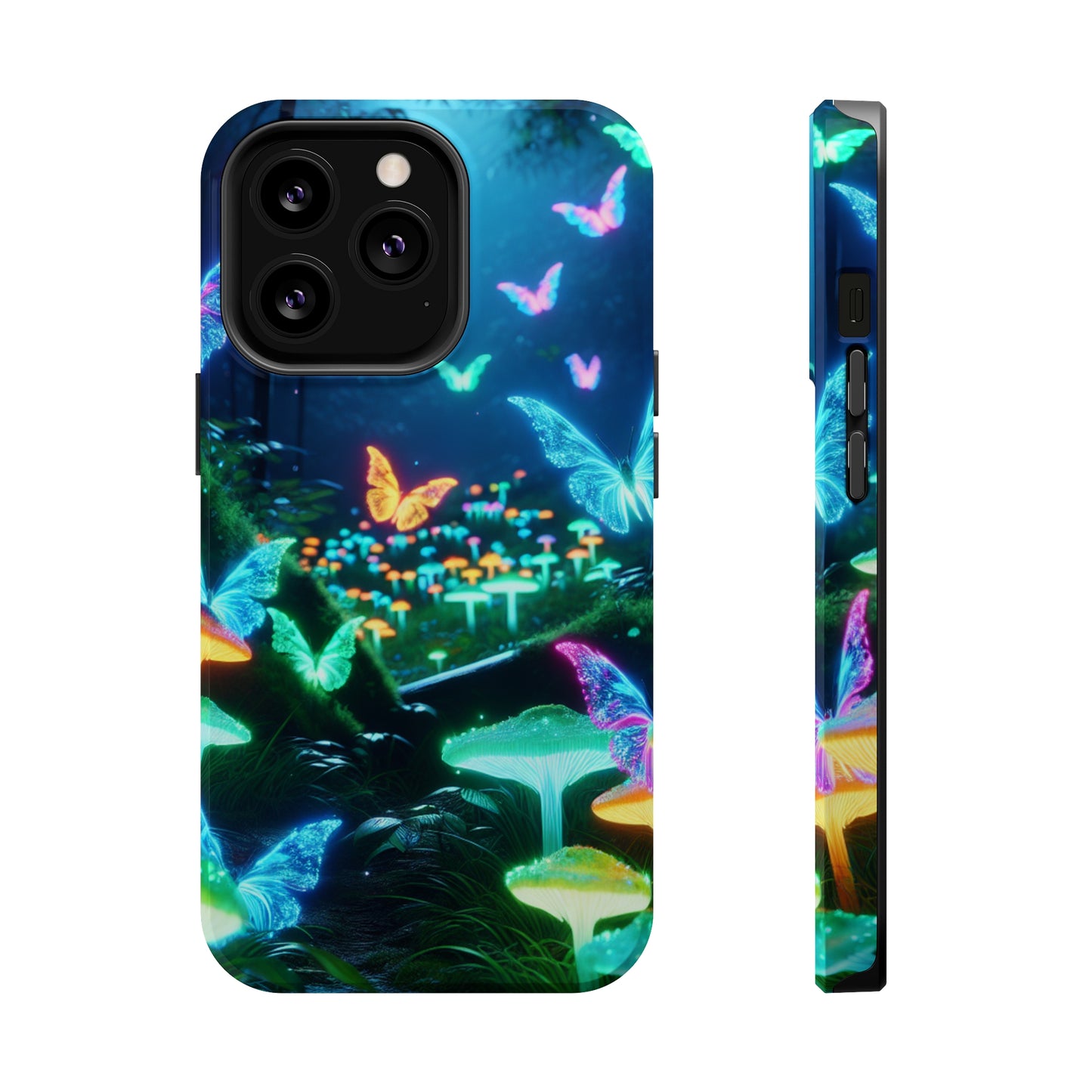 "Neon Meadow" Neon Butterflies and Mushrooms Premium Art Magsafe Magnet Tough IPhone 13 14 15 Pro Plus Max and Mini in Matte and Glossy Phone cases