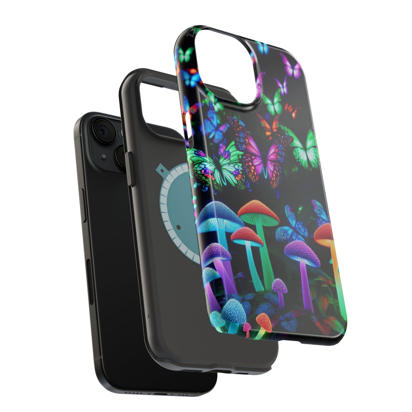 "Neon Burst Wonderland". Neon Butterflies and Mushrooms Premium Art Magsafe Magnet Tough IPhone 13 14 15 Pro Plus Max and Mini in Matte and Glossy Phone cases