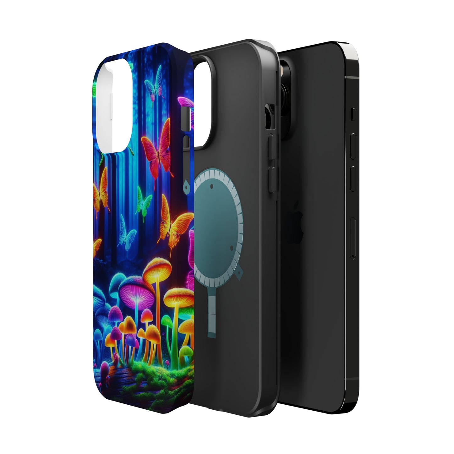 "Neon Garden Delight" Neon Butterflies and Mushrooms Premium Art Magsafe Magnet Tough IPhone 13 14 15 Pro Plus Max and Mini in Matte and Glossy Phone cases