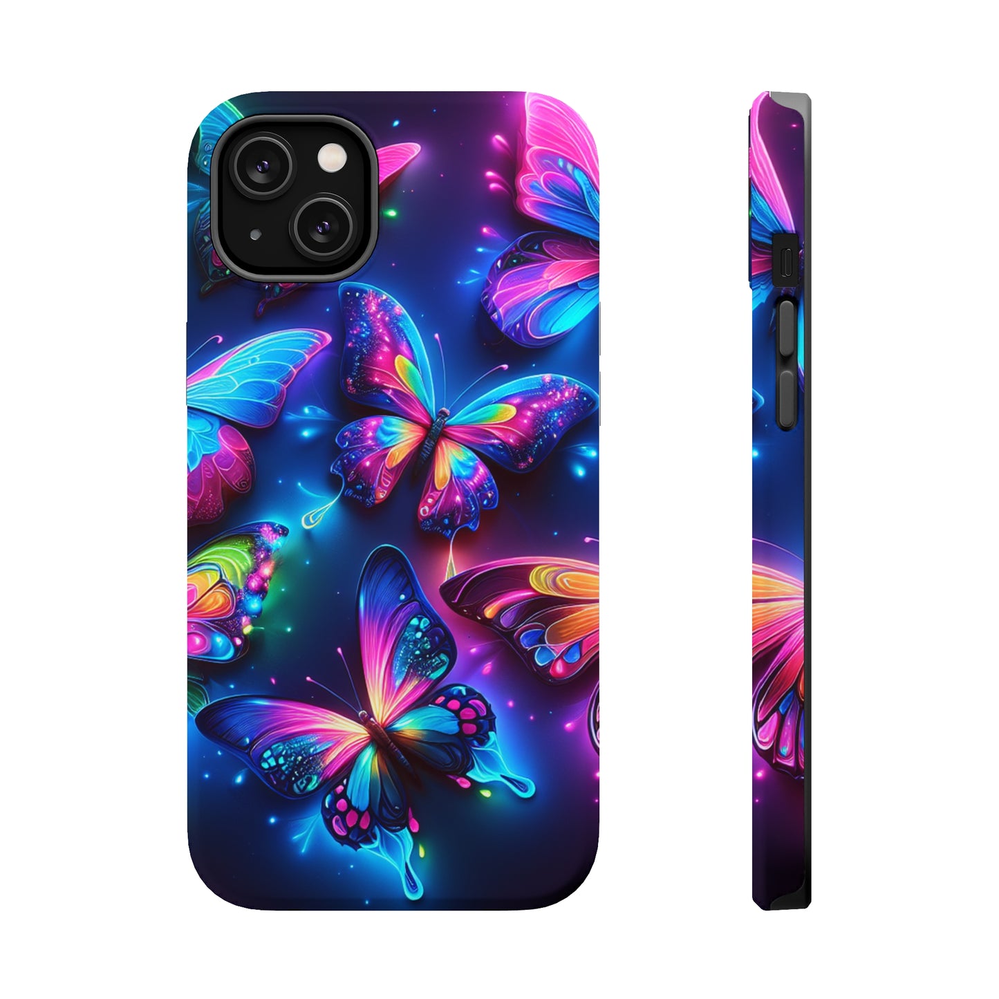 "Neon Butterfly Muster" Neon Butterflies Premium Art Magsafe Magnet Tough IPhone 13 14 15 Pro Plus Max and Mini in Matte and Glossy Phone cases