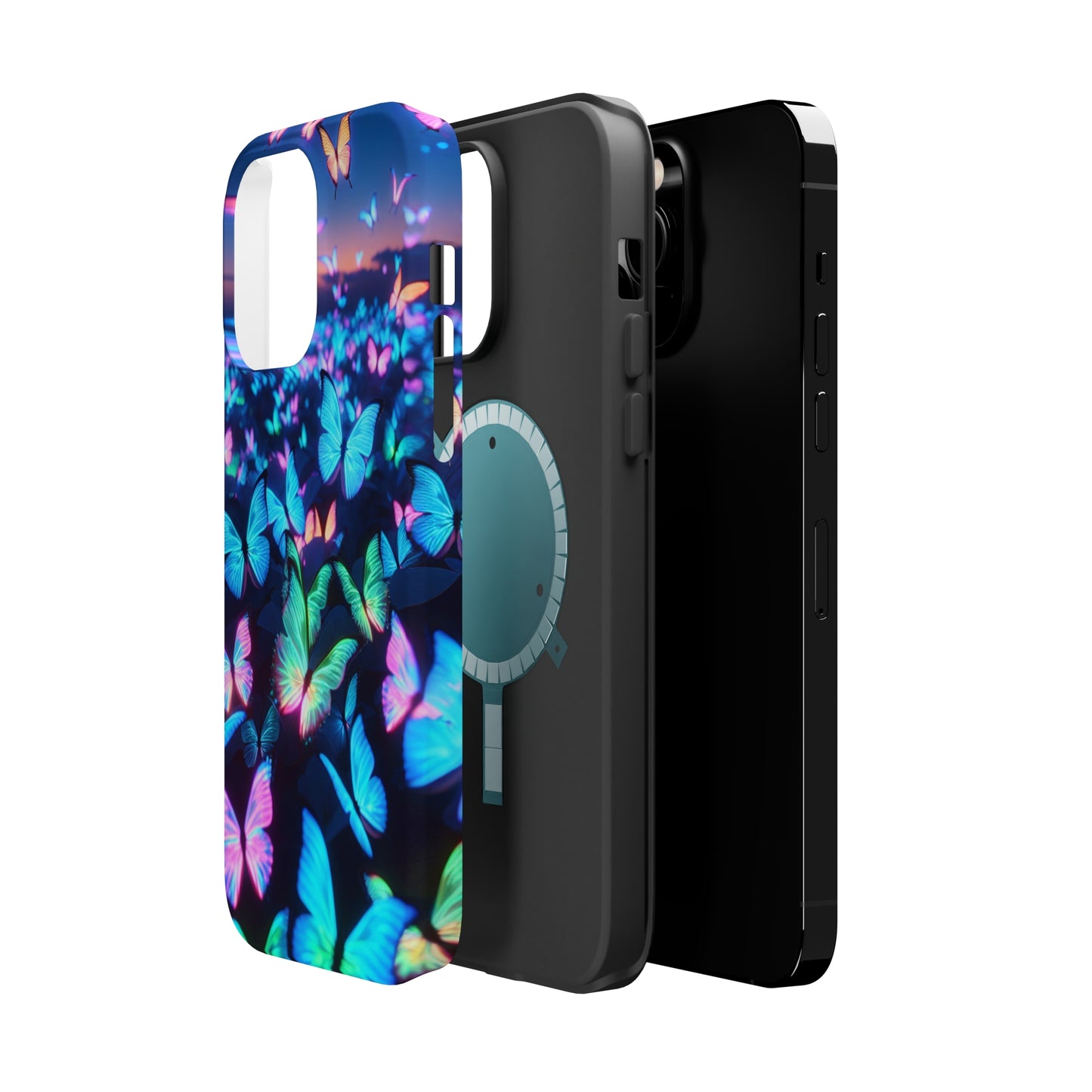 "Fantasia of Neon Butterflies" Neon Butterflies Premium Art Magsafe Magnet Tough IPhone 13 14 15 Pro Plus Max and Mini in Matte and Glossy Phone cases