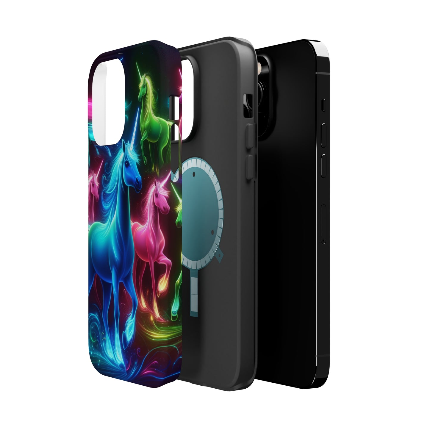 Neon Rainbow Herd. Neon Unicorns Premium Art Magsafe Magnet Tough IPhone 13 14 15 Pro Plus Max and Mini in Matte and Glossy Phone cases