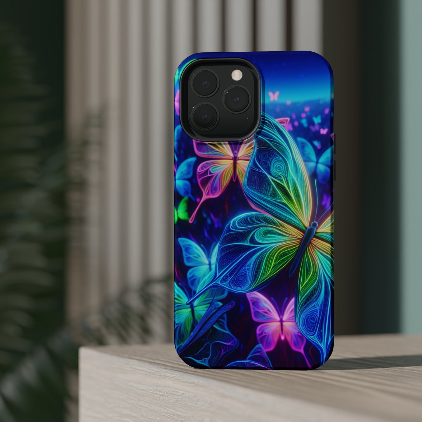 'Serene Spectacle of Neon Butterflies' Neon Butterflies Premium Art Magsafe Magnet Tough IPhone 13 14 15 Pro Plus Max and Mini in Matte and Glossy Phone cases