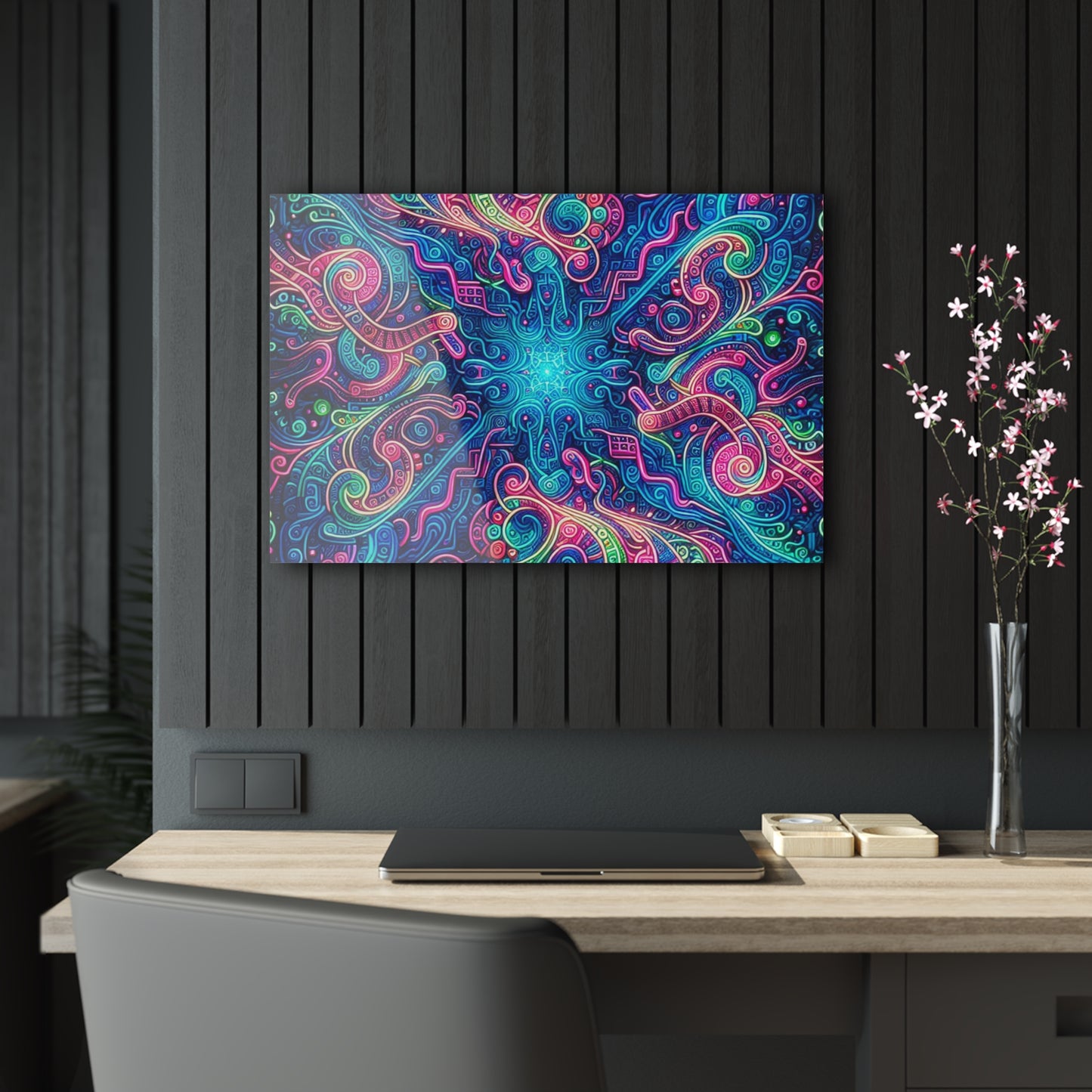 Infinite Tilted Prismatic Neon Transcendence. Trippy infity Pattern 1/4" Glossy Acrylic Art