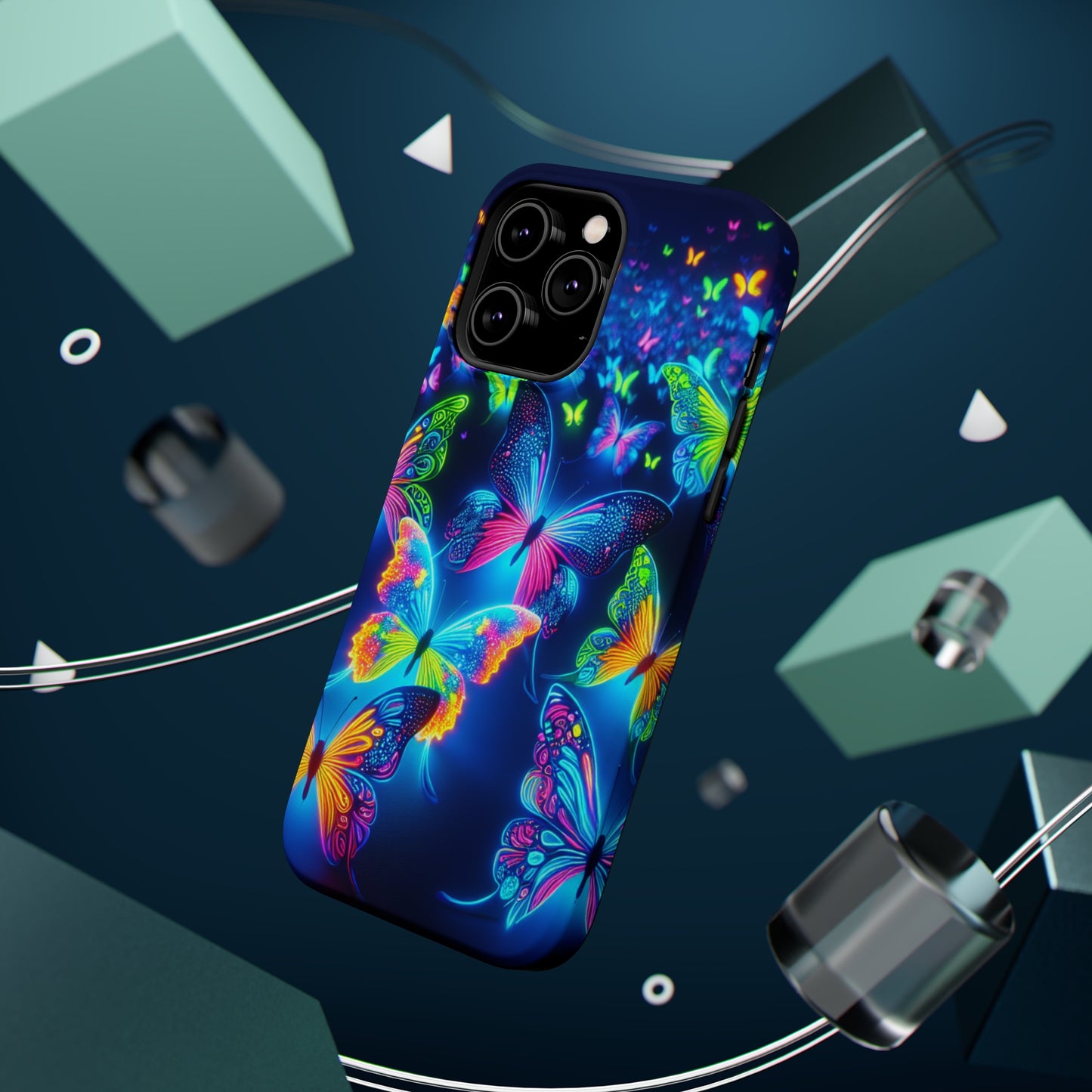 "Atmospheric Fluorescence" Neon Butterflies Premium Art Magsafe Magnet Tough IPhone 13 14 15 Pro Plus Max and Mini in Matte and Glossy Phone cases