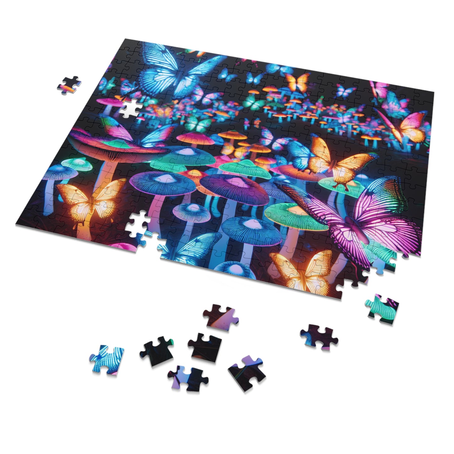Neon Butterflies Blooms - Neon Butterflies and Mushrooms Puzzle 30, 110, 252, and 1000 Pieces
