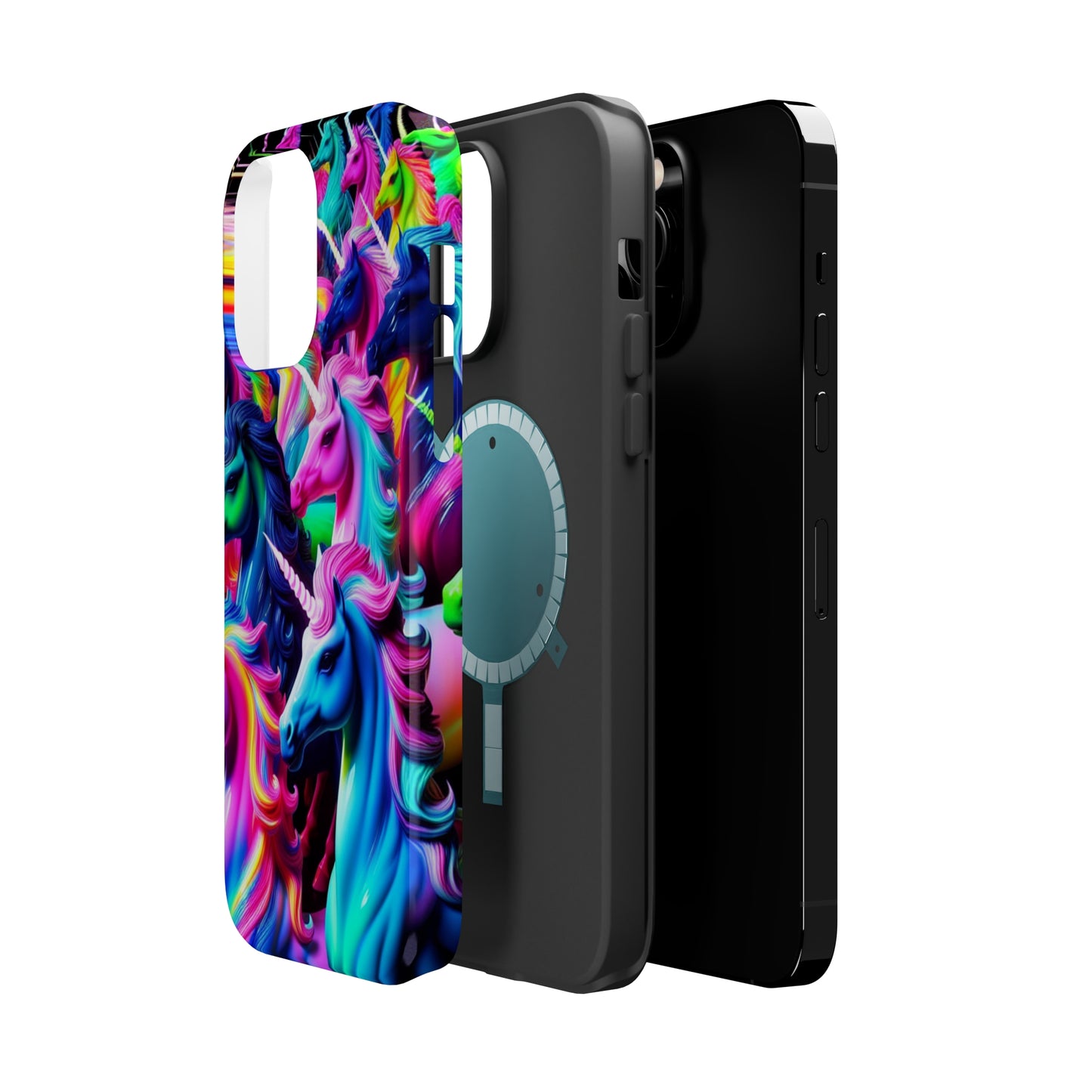 "Neon Illumination" Neon Unicorns Premium Art Magsafe Magnet Tough IPhone 13 14 15 Pro Plus Max and Mini in Matte and Glossy Phone cases