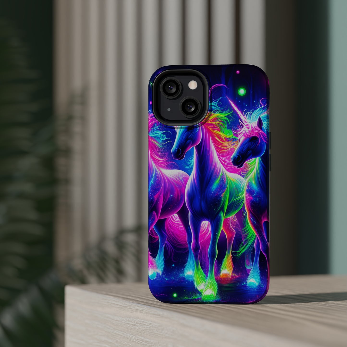 "Uni-Neon Fantasy" Neon Unicorns Premium Art Magsafe Magnet Tough IPhone 13 14 15 Pro Plus Max and Mini in Matte and Glossy Phone cases