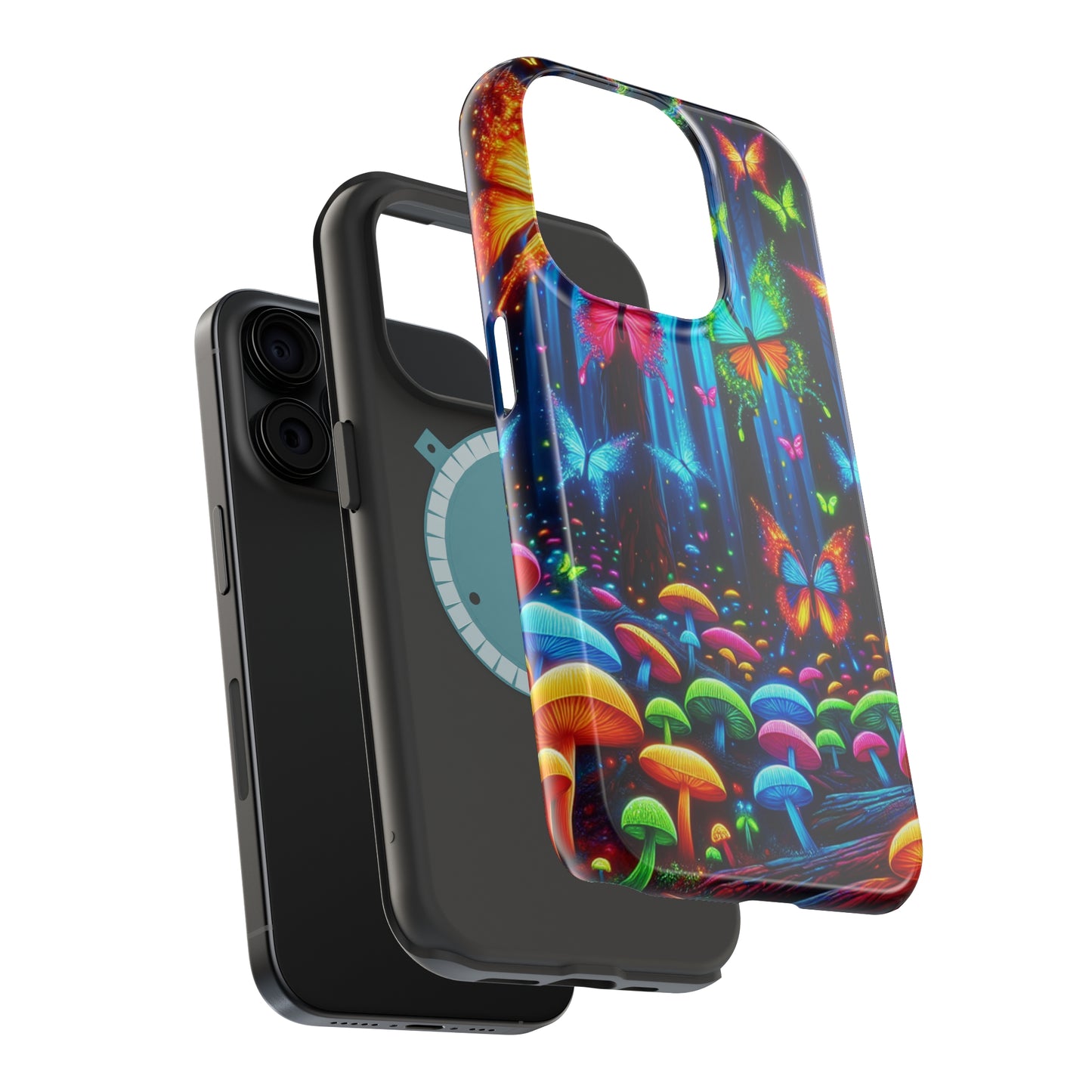 Neon Fantasia. Neon Butterflies and Mushrooms Premium Art Magsafe Magnet Tough IPhone 13 14 15 Pro Plus Max and Mini in Matte and Glossy Phone cases