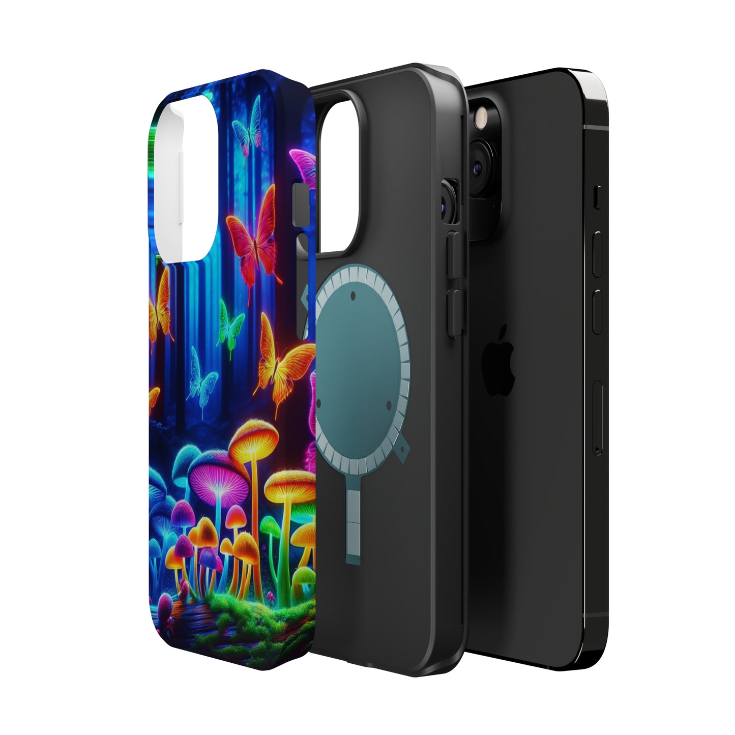 "Neon Garden Delight" Neon Butterflies and Mushrooms Premium Art Magsafe Magnet Tough IPhone 13 14 15 Pro Plus Max and Mini in Matte and Glossy Phone cases
