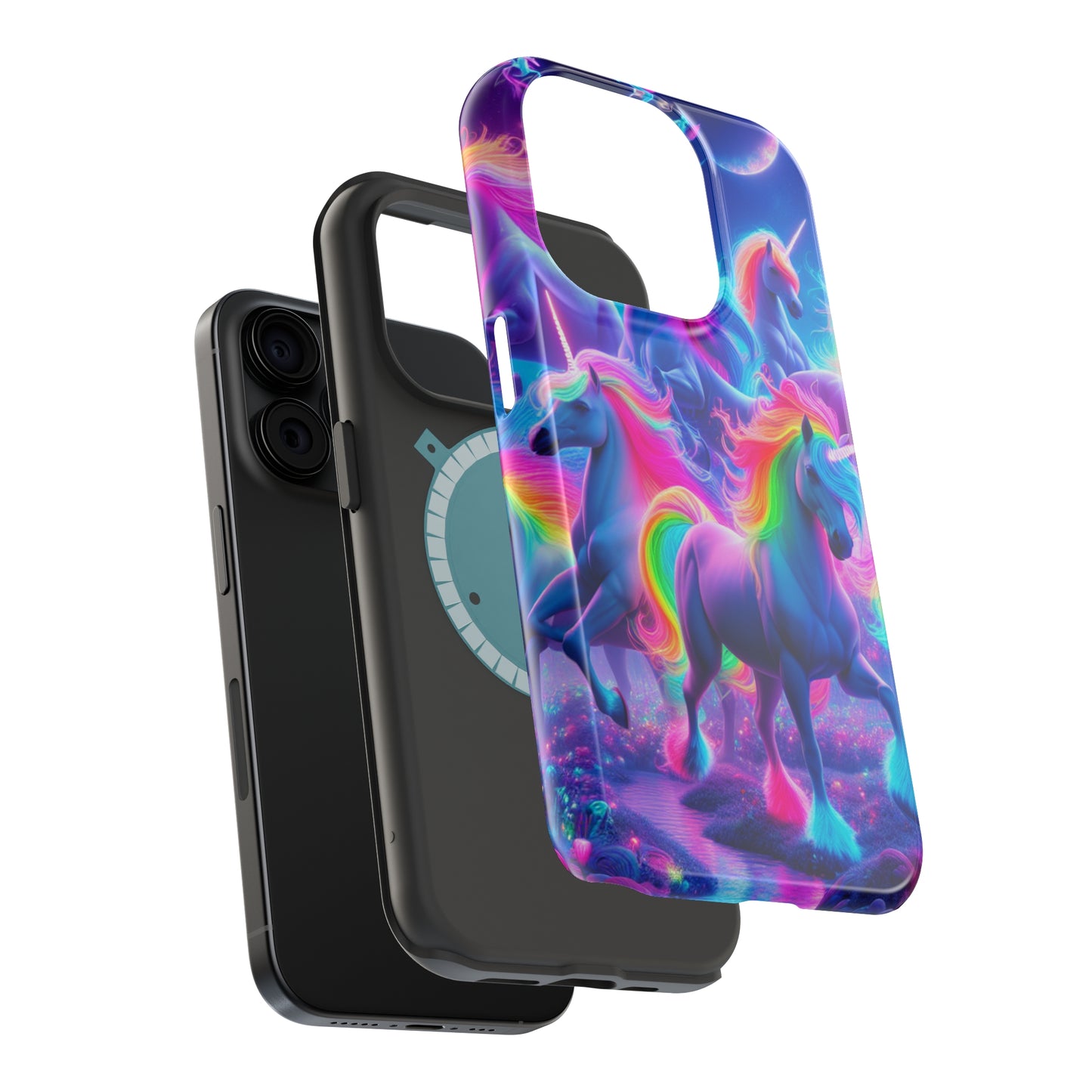 "Unicorn Prism" Neon Unicorns Premium Art Magsafe Magnet Tough IPhone 13 14 15 Pro Plus Max and Mini in Matte and Glossy Phone cases