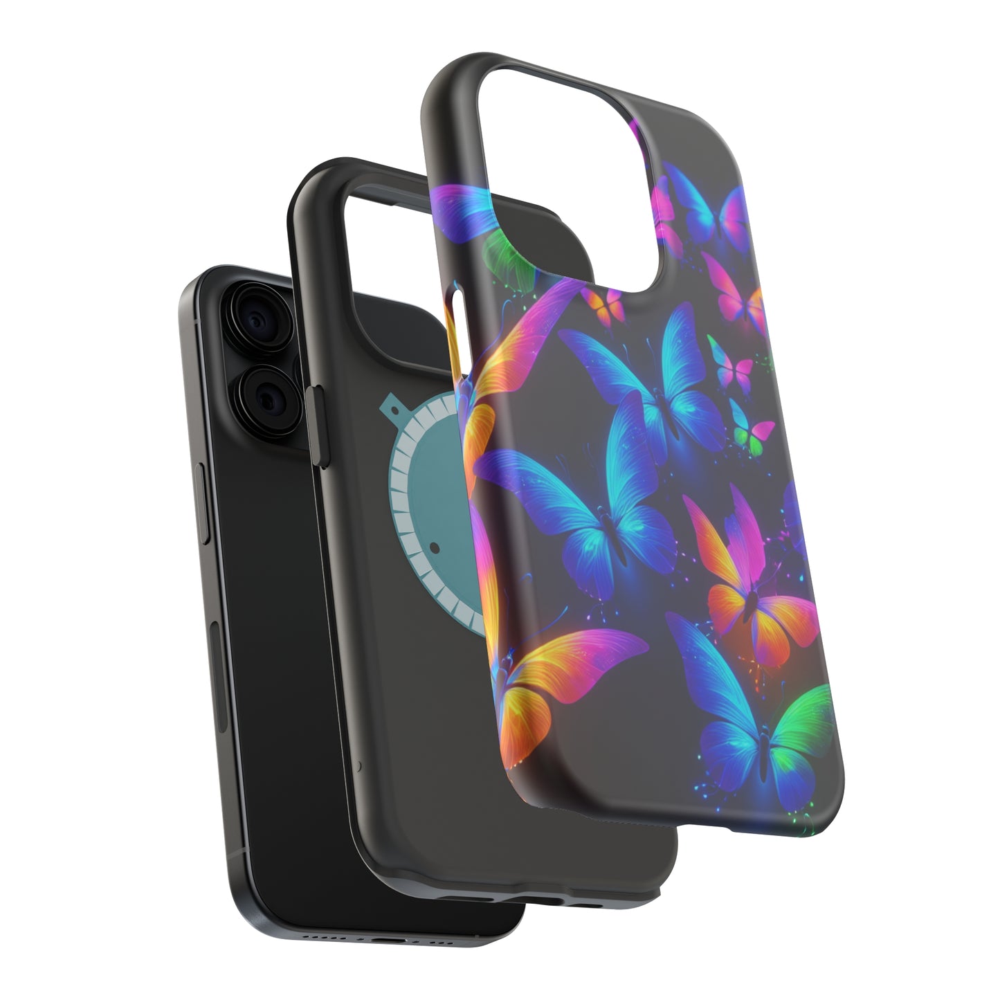 "Vibrant Neon Flutter" Neon Butterflies Premium Art Magsafe Magnet Tough IPhone 13 14 15 Pro Plus Max and Mini in Matte and Glossy Phone cases