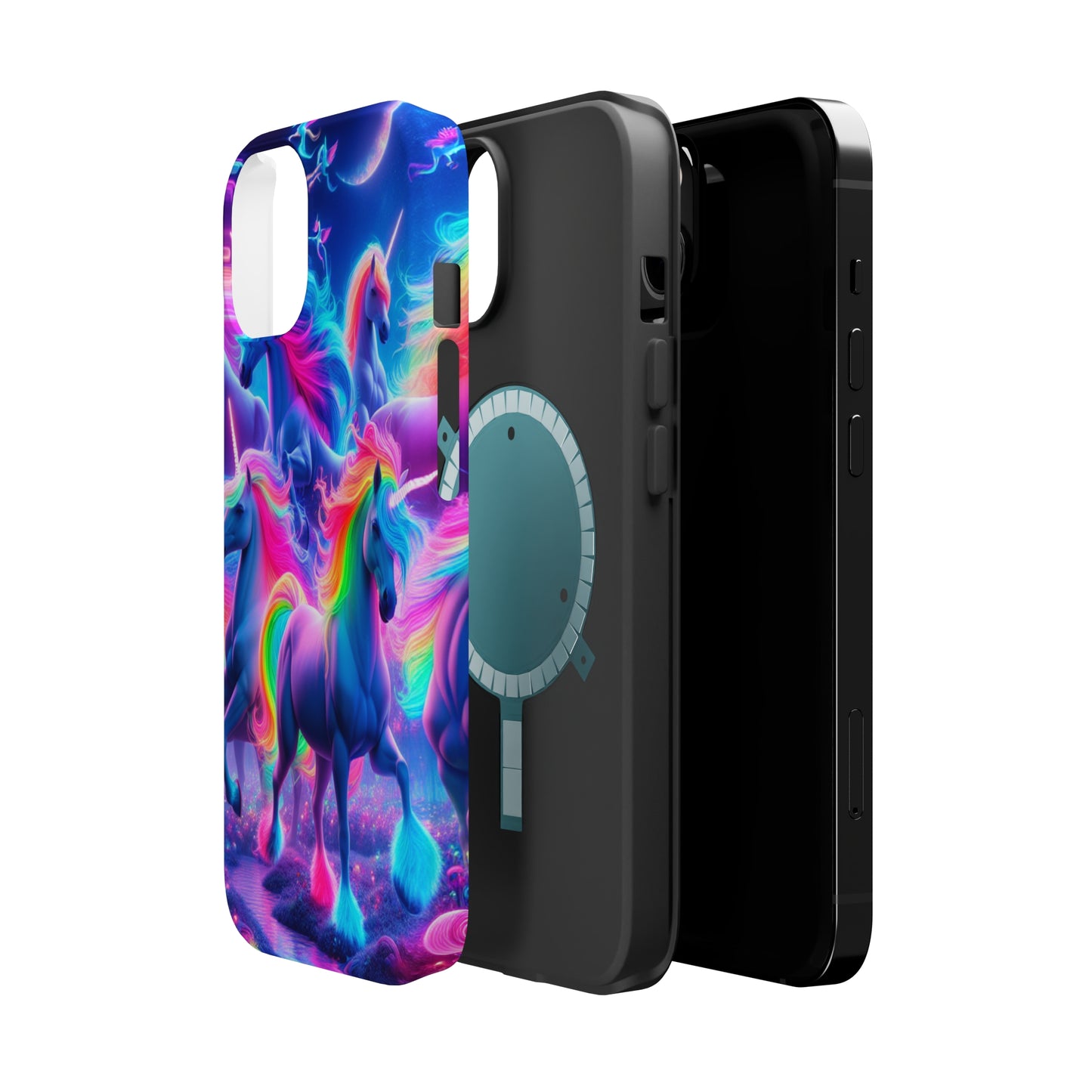 "Unicorn Prism" Neon Unicorns Premium Art Magsafe Magnet Tough IPhone 13 14 15 Pro Plus Max and Mini in Matte and Glossy Phone cases