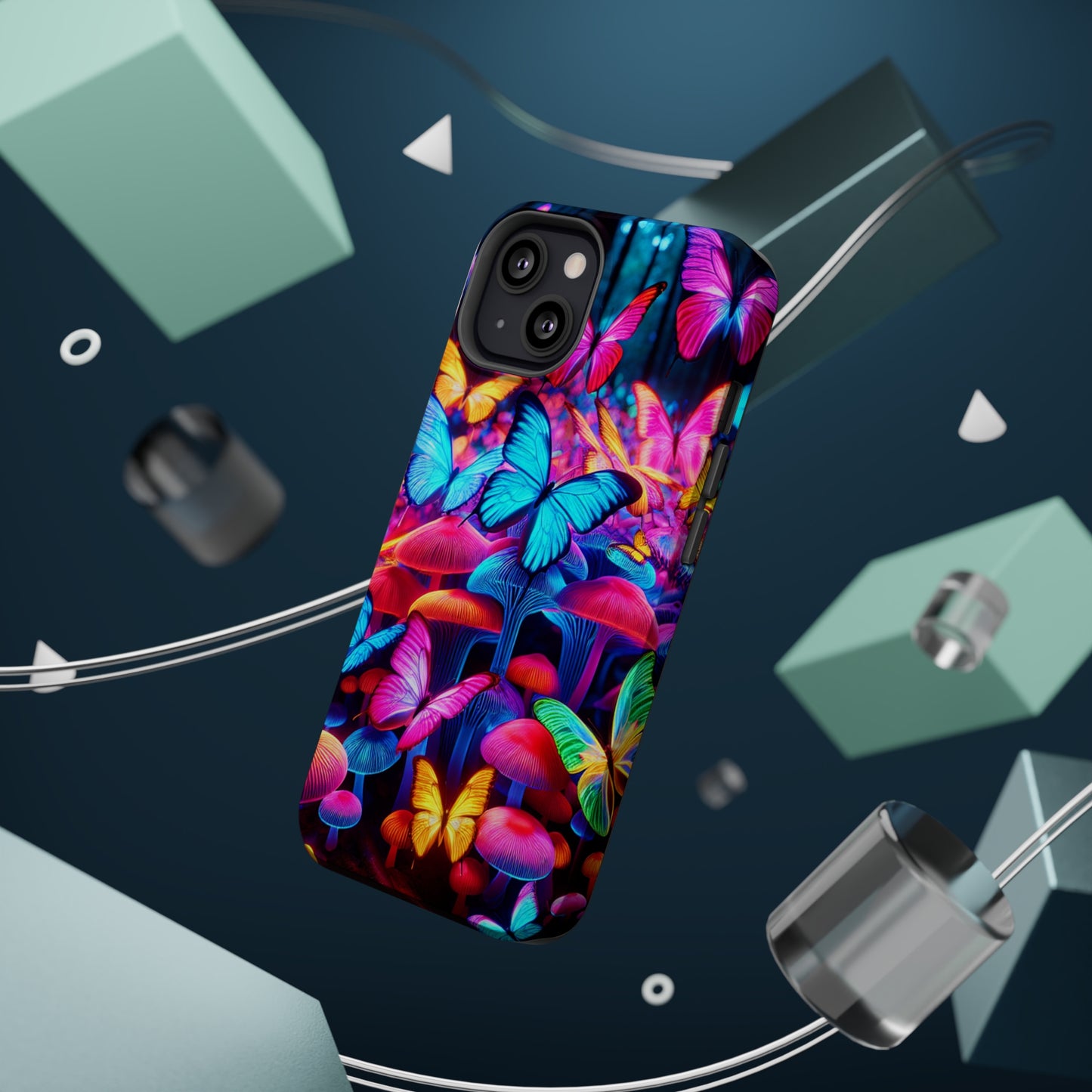 "Neon Tie-Dye Garden" Neon Butterflies and Mushrooms Premium Art Magsafe Magnet Tough IPhone 13 14 15 Pro Plus Max and Mini in Matte and Glossy Phone cases