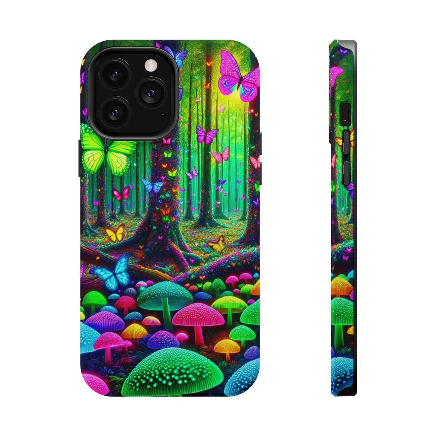 "Neon Garden Symphony". Neon Butterflies and Mushrooms Premium Art Magsafe Magnet Tough IPhone 13 14 15 Pro Plus Max and Mini in Matte and Glossy Phone cases