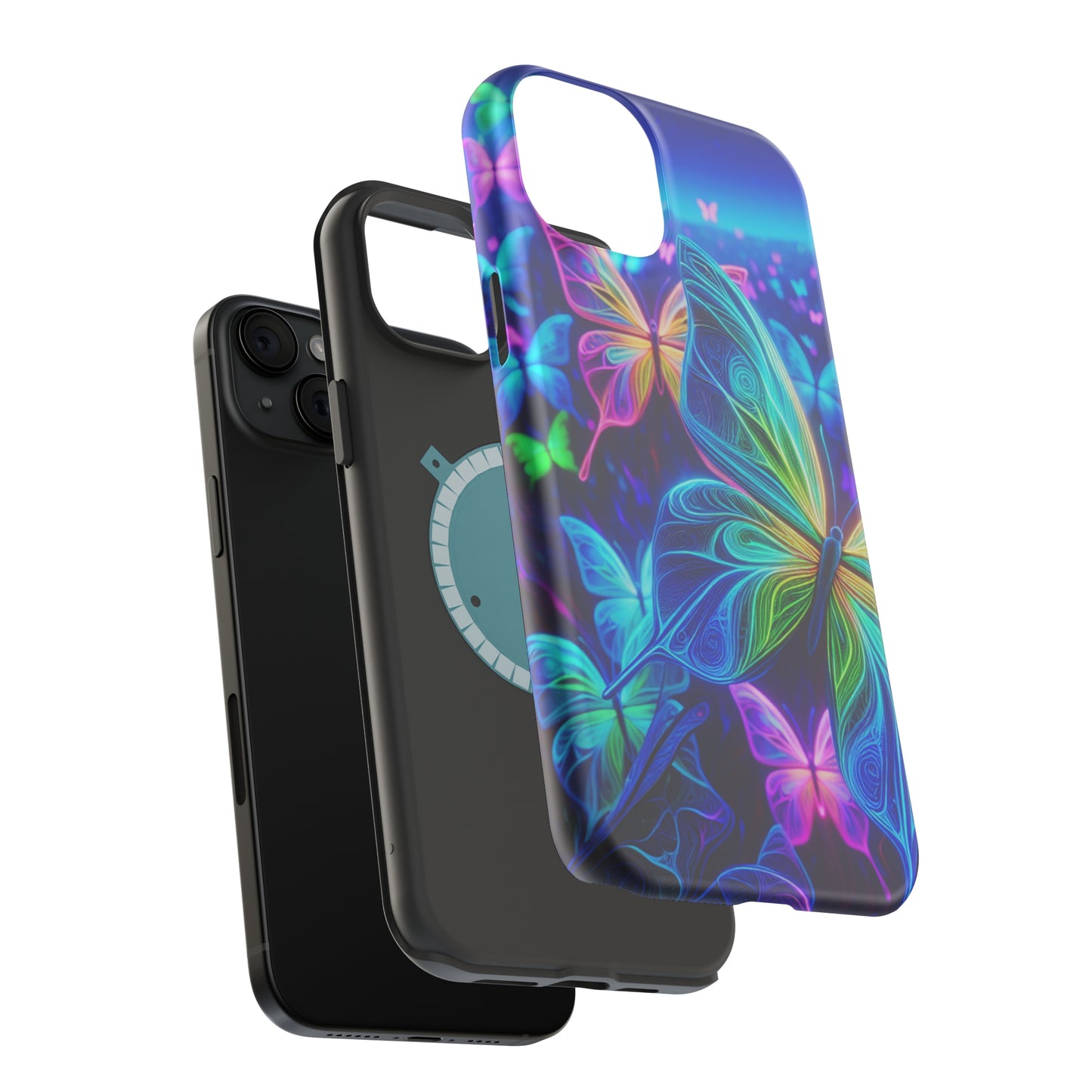 'Serene Spectacle of Neon Butterflies' Neon Butterflies Premium Art Magsafe Magnet Tough IPhone 13 14 15 Pro Plus Max and Mini in Matte and Glossy Phone cases