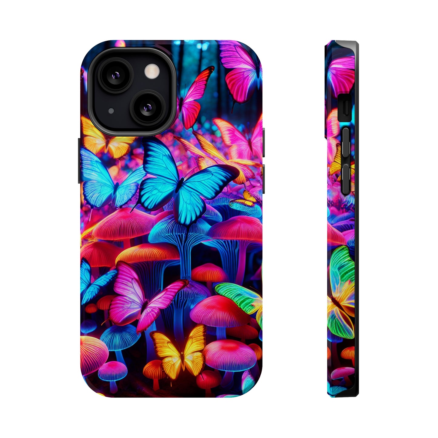 "Neon Tie-Dye Garden" Neon Butterflies and Mushrooms Premium Art Magsafe Magnet Tough IPhone 13 14 15 Pro Plus Max and Mini in Matte and Glossy Phone cases