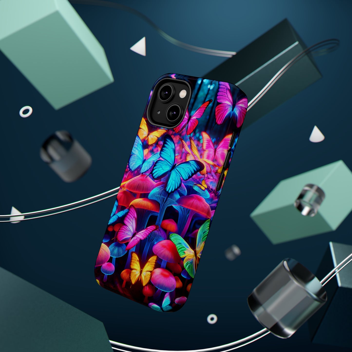 "Neon Tie-Dye Garden" Neon Butterflies and Mushrooms Premium Art Magsafe Magnet Tough IPhone 13 14 15 Pro Plus Max and Mini in Matte and Glossy Phone cases