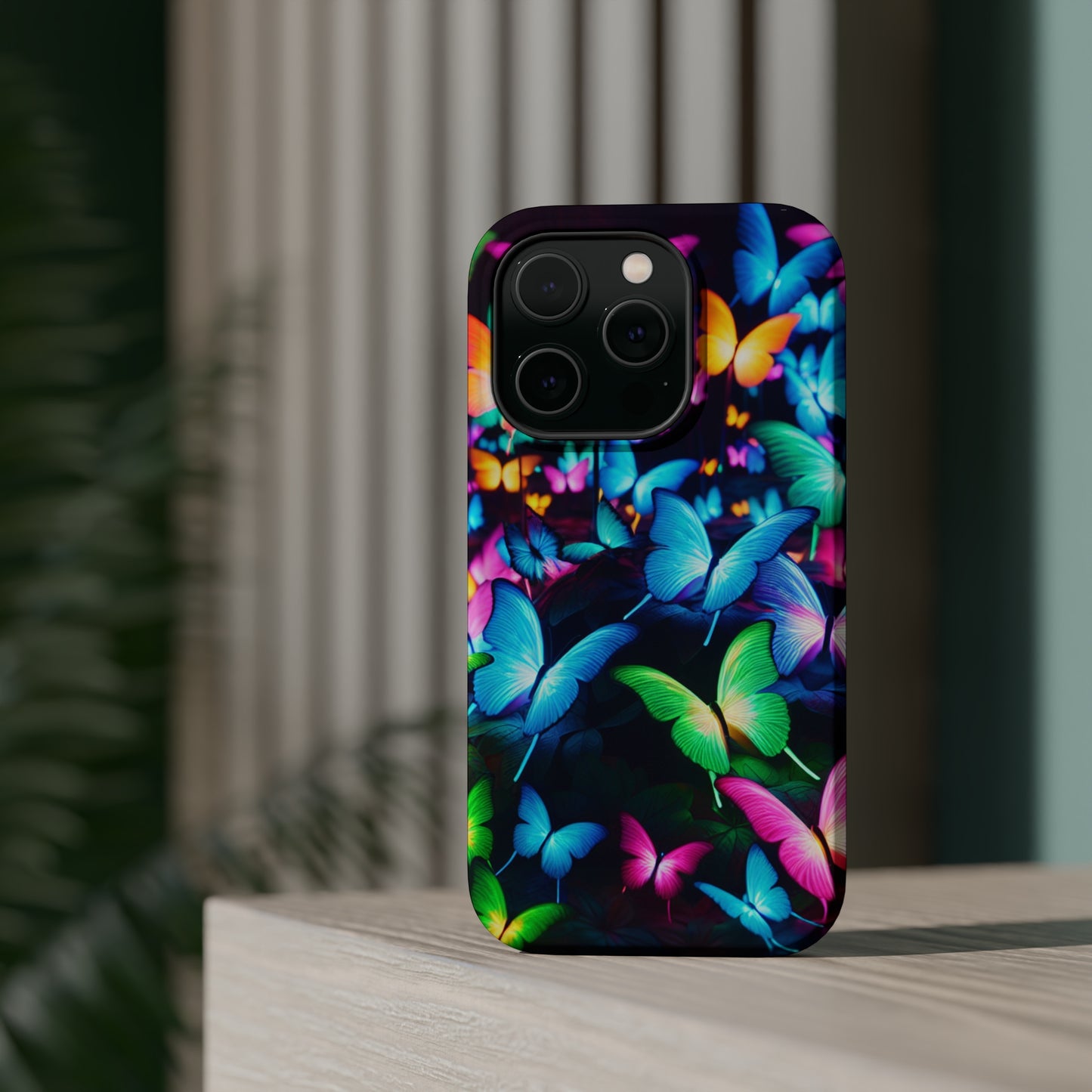 "Neon Butterfly Luridrainbow". Neon Butterflies Premium Art Magsafe Magnet Tough IPhone 13 14 15 Pro Plus Max and Mini in Matte and Glossy Phone cases