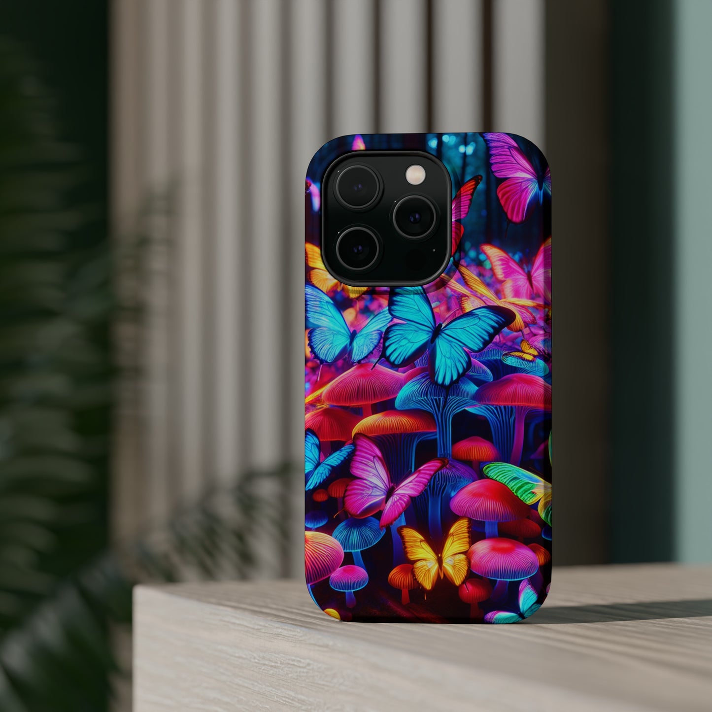 "Neon Tie-Dye Garden" Neon Butterflies and Mushrooms Premium Art Magsafe Magnet Tough IPhone 13 14 15 Pro Plus Max and Mini in Matte and Glossy Phone cases