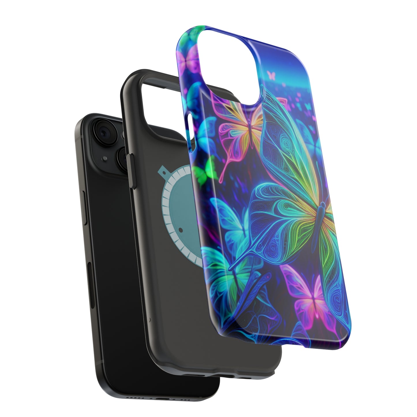 'Serene Spectacle of Neon Butterflies' Neon Butterflies Premium Art Magsafe Magnet Tough IPhone 13 14 15 Pro Plus Max and Mini in Matte and Glossy Phone cases