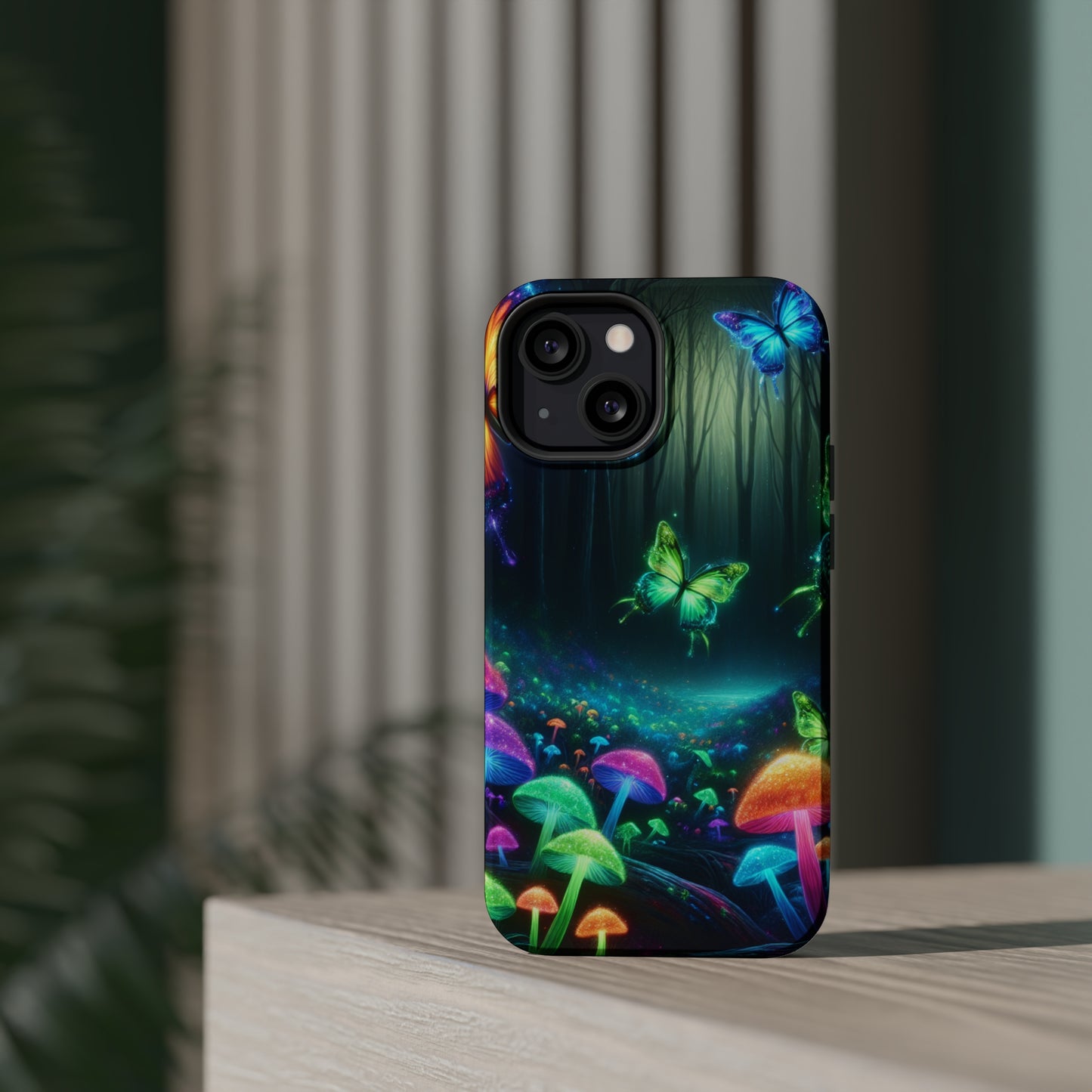 Neon Nocturne. Neon Butterflies and Mushrooms Premium Art Magsafe Magnet Tough IPhone 13 14 15 Pro Plus Max and Mini in Matte and Glossy Phone cases