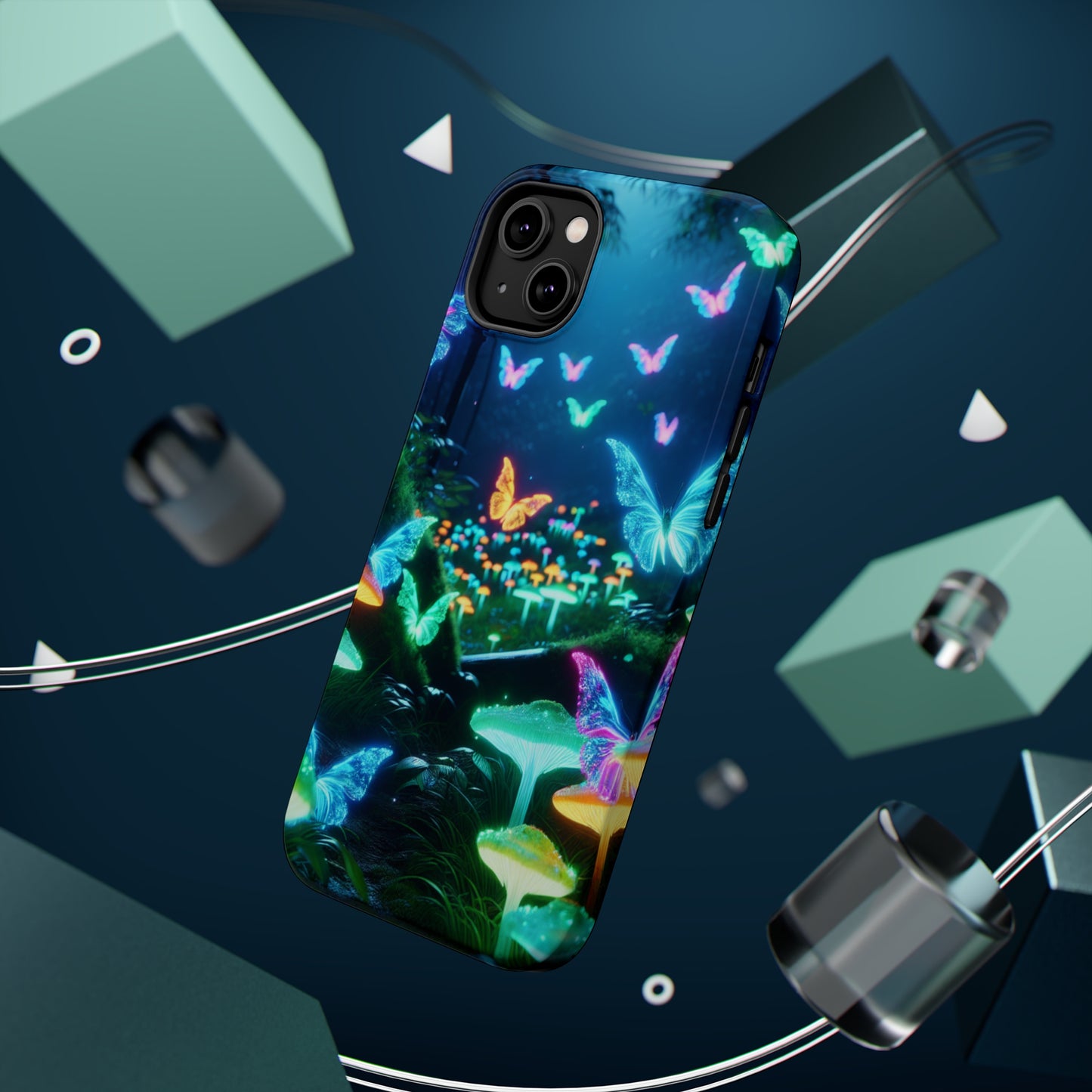 "Neon Meadow" Neon Butterflies and Mushrooms Premium Art Magsafe Magnet Tough IPhone 13 14 15 Pro Plus Max and Mini in Matte and Glossy Phone cases