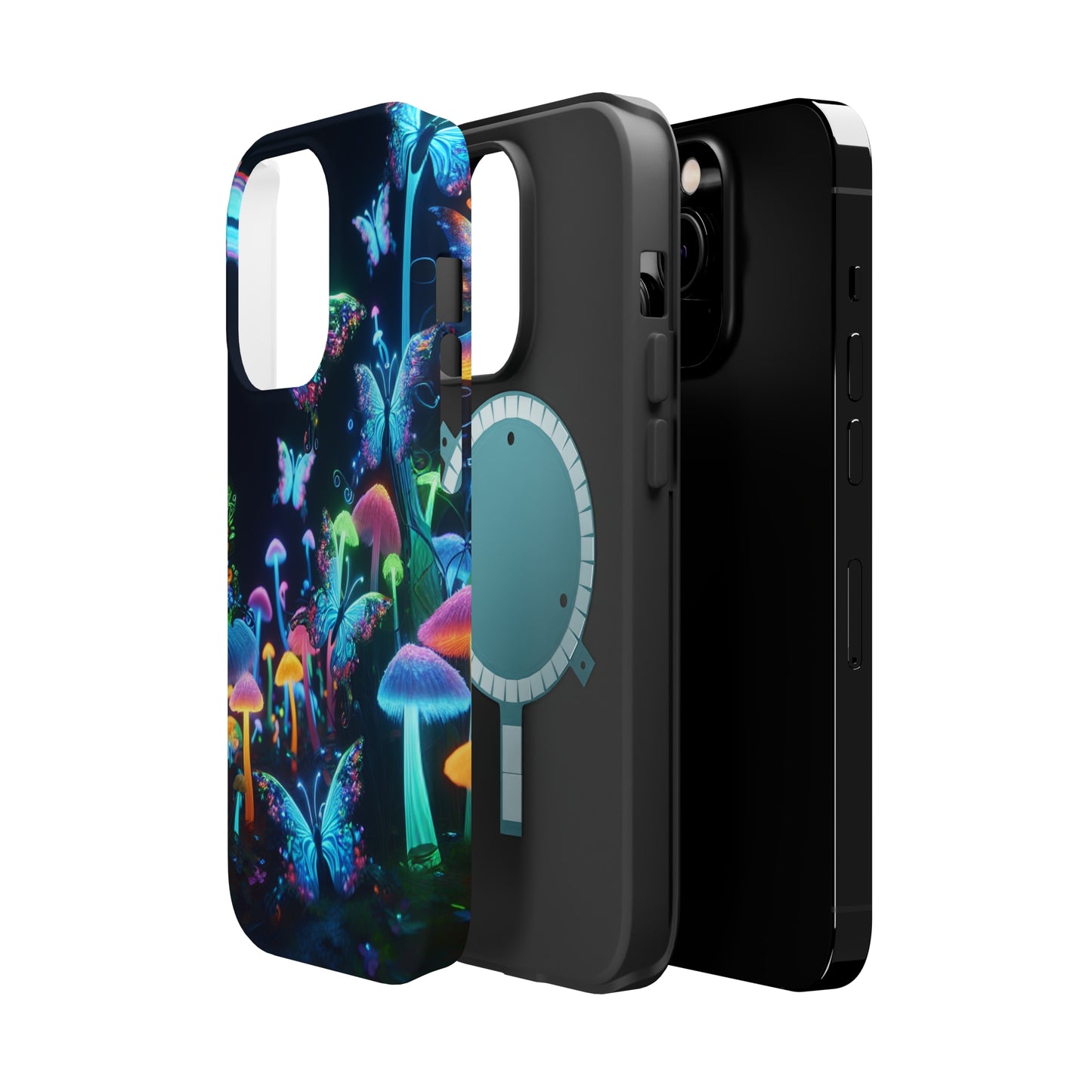 "Neon Dreamscape" Neon Butterflies and Mushrooms Premium Art Magsafe Magnet Tough IPhone 13 14 15 Pro Plus Max and Mini in Matte and Glossy Phone cases